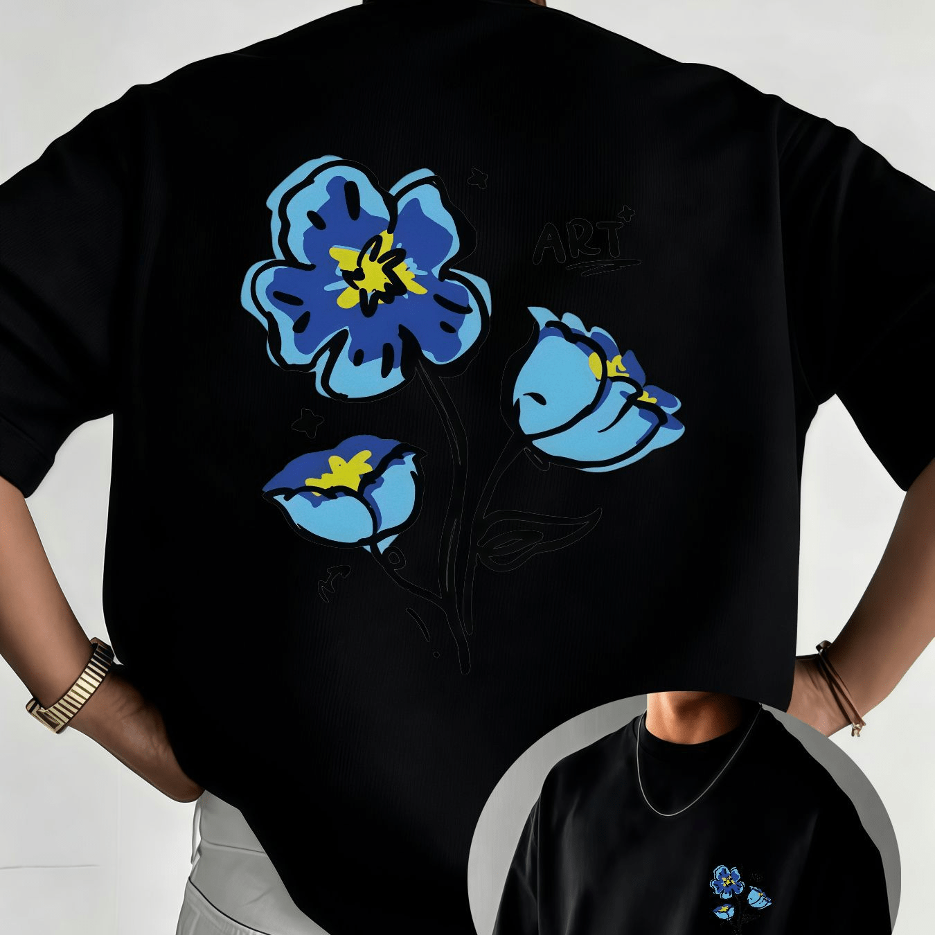 TEMU Men's Hand-painted Blue Floral T-shirt - Casual Crew Neck Short Sleeve Top With European/ Suitable For , Machine Washable Regular Fit Blouse