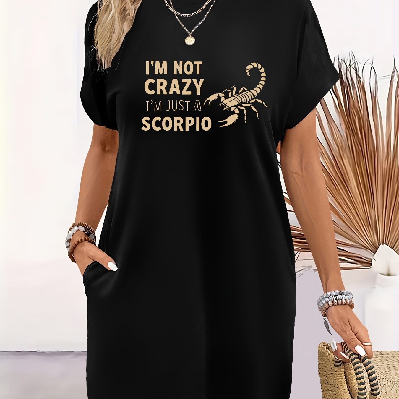 TEMU Western Fashion Women's Long T-shirt, Scorpio Text Print, Round Neck Loose Short Sleeve Pocket Dress