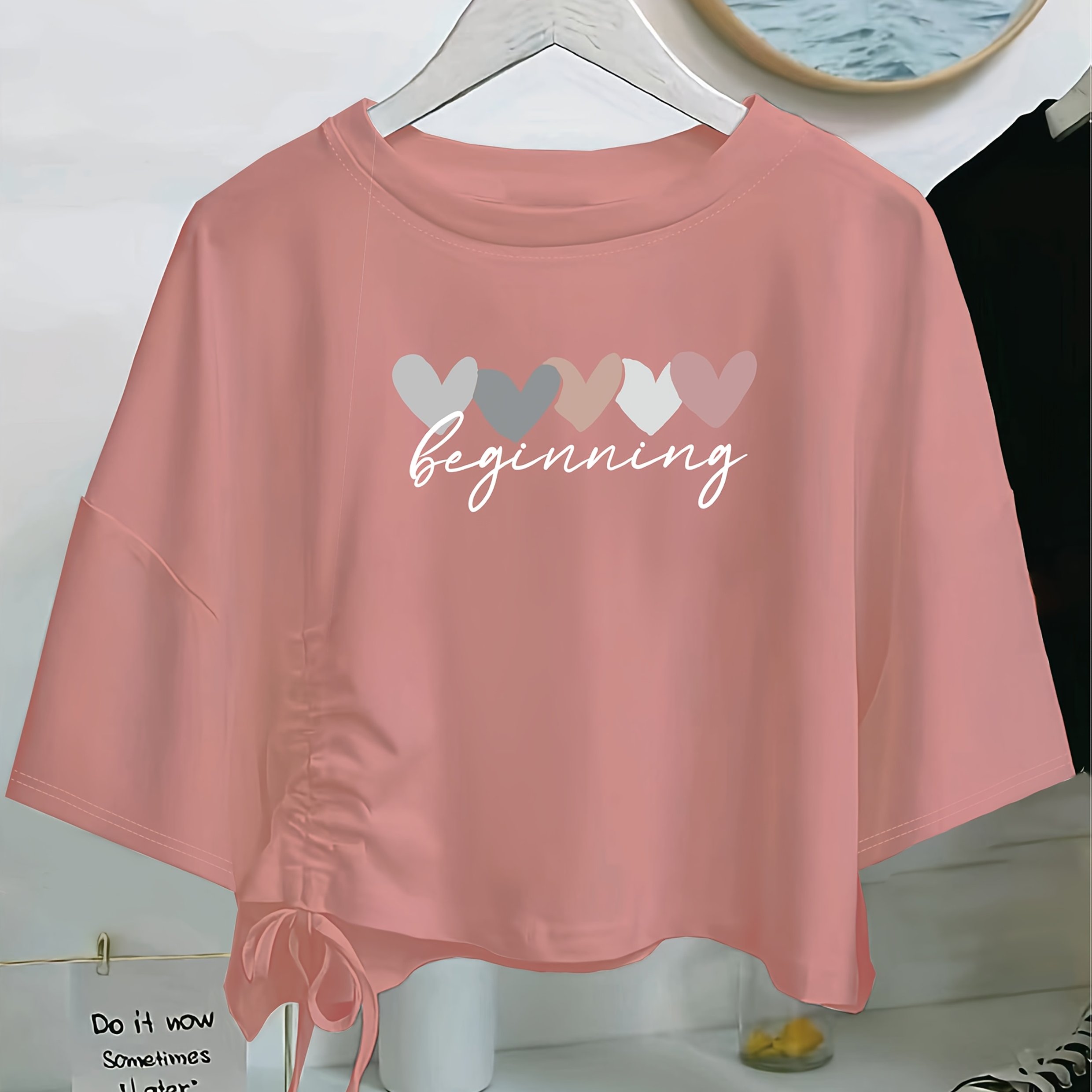 TEMU 1pc Of New Women's Printed Letter Drawstring Short Round-neck T-shirt