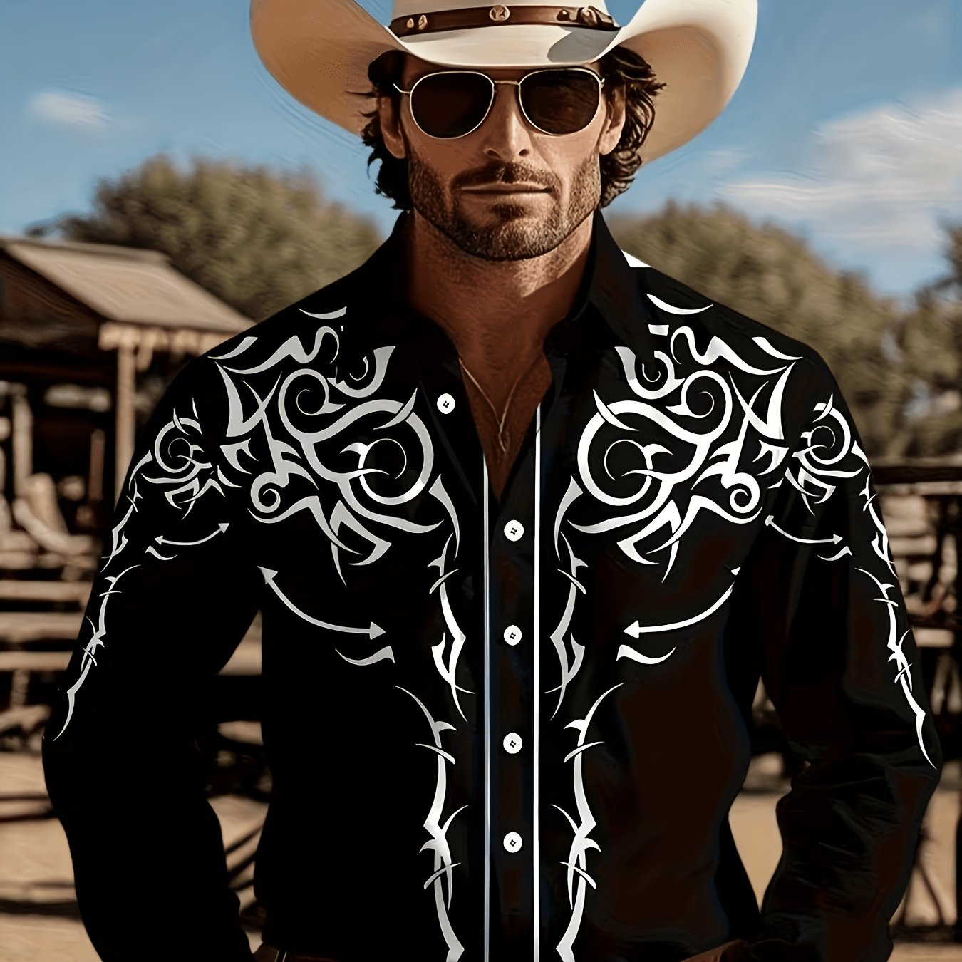 TEMU Men's Outdoor Western Cowboy Long-sleeve Shirt, /autumn Fashion Trendy Printed Long-sleeve Shirt, Suitable For Holiday Parties, Men's European/