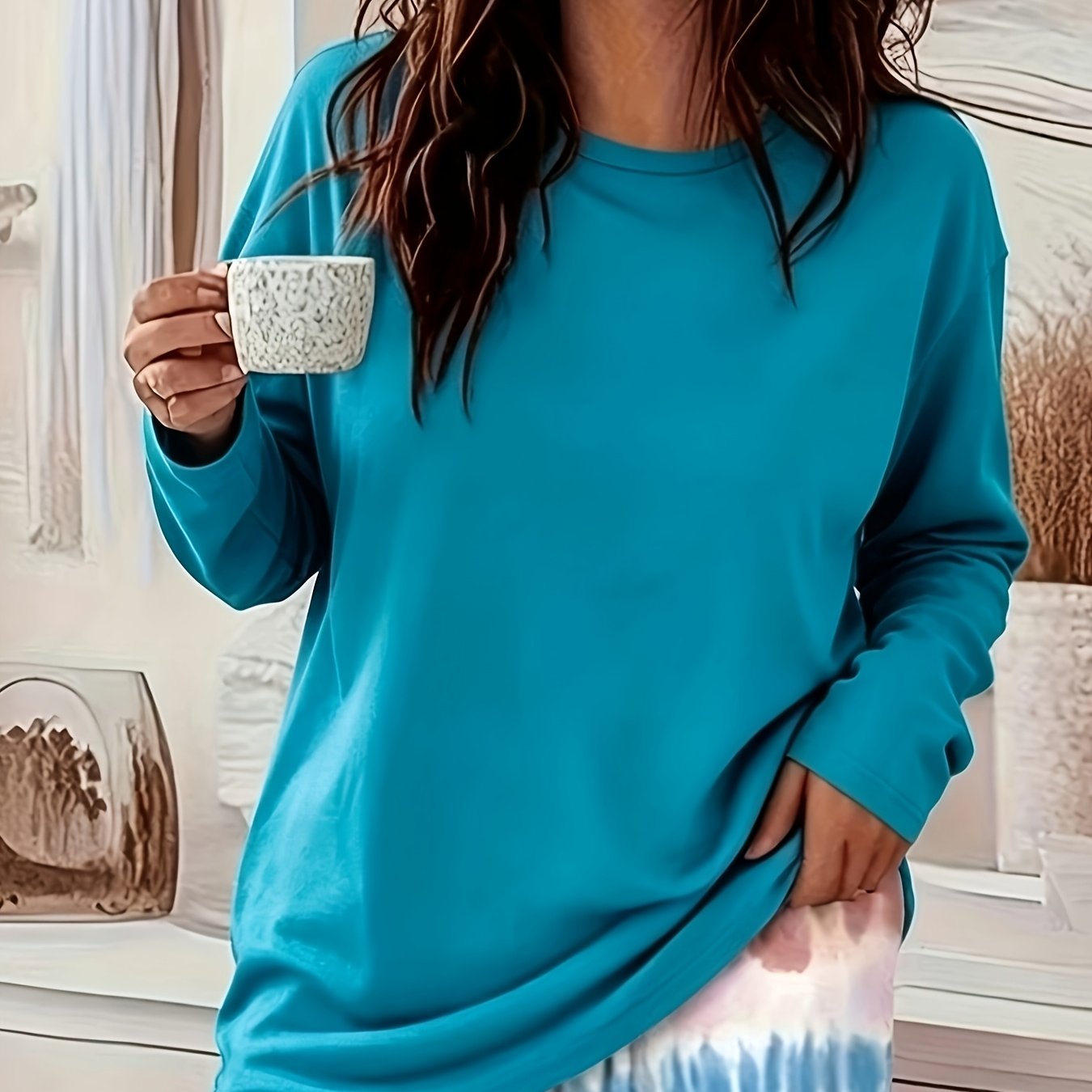 TEMU Plus Size, Plus-size Women's Fashionable Solid Color Round-neck Long-sleeve T-shirt Top, Suitable For Spring And Autumn, Ideal For Everyday