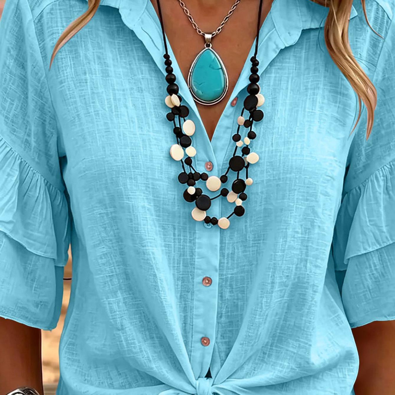 Image of Women' Cowgirl Style Button- Blouse Shirt - Linen Top Sleeves & Knotted Hem, Loose Fit Western Blouse Suitable For Daily Wear, Vacation, Spring/summer Outfits