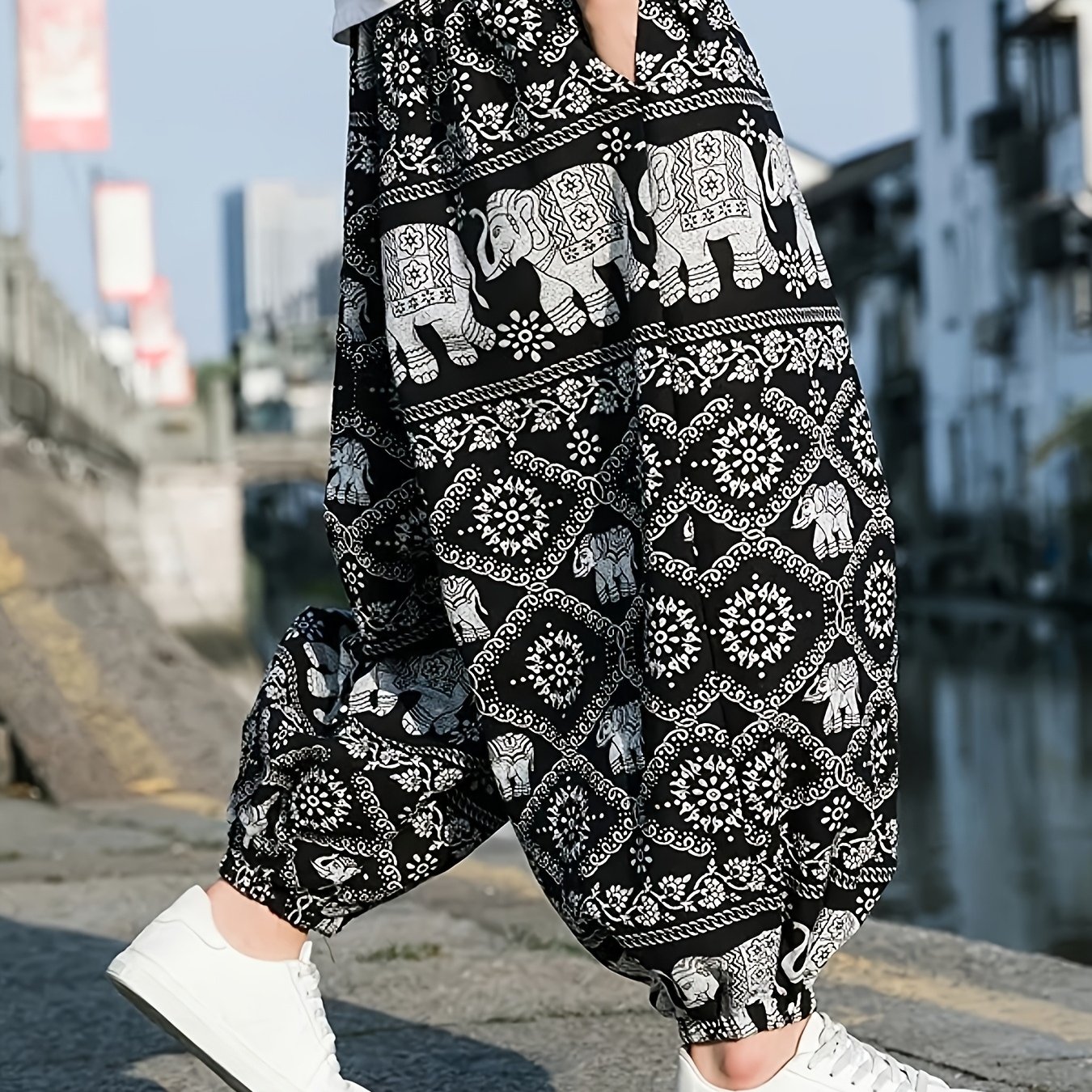 TEMU 夏用 メンズ エスニックスタイル ハーレムパンツ 軽量 通気性 蚊よけ ワイドレッグ カジュアルパンツ ルーズフィット 象プリント ビーチでの休暇 普段のお出かけ カジュアルウェア 様々なシーンに最適