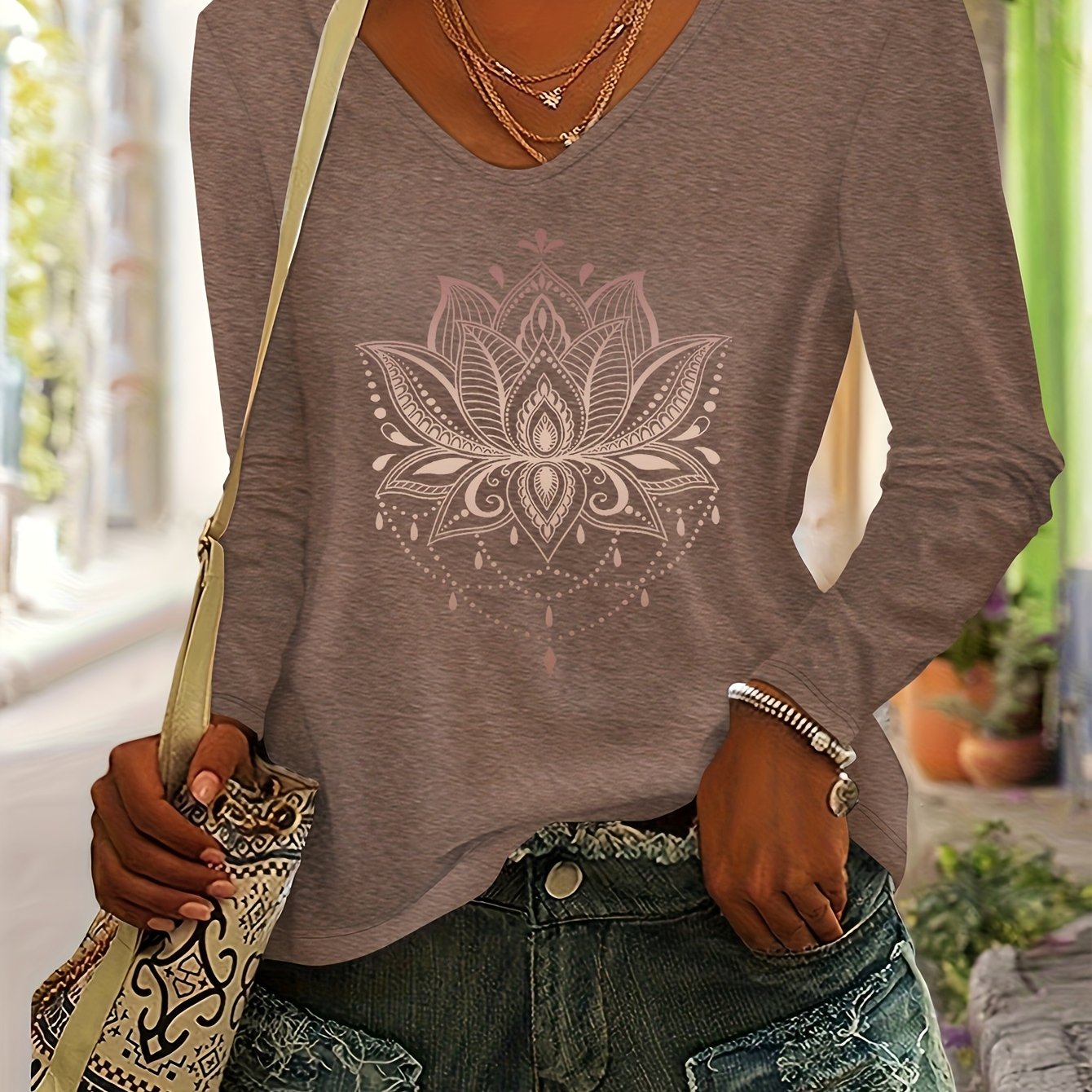E-shop Damen Freizeit-T-Shirt mit Lotusmuster-Druck, bequem, , farbig, mit V-Ausschnitt langen Ärmeln für Herbst/Winter