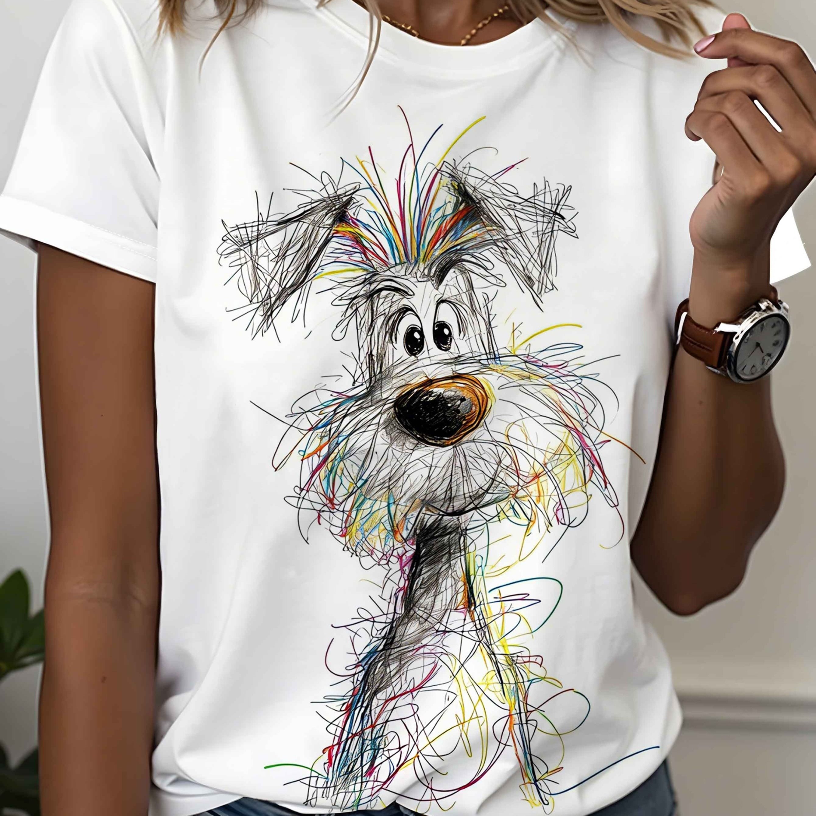 TEMU Women's Clothing: 1pc Round-neck Short-sleeve Printed T, Cute Hand-drawn Messy Line Puppy Pattern, Adorable, In Multiple Sizes, , Suitable For