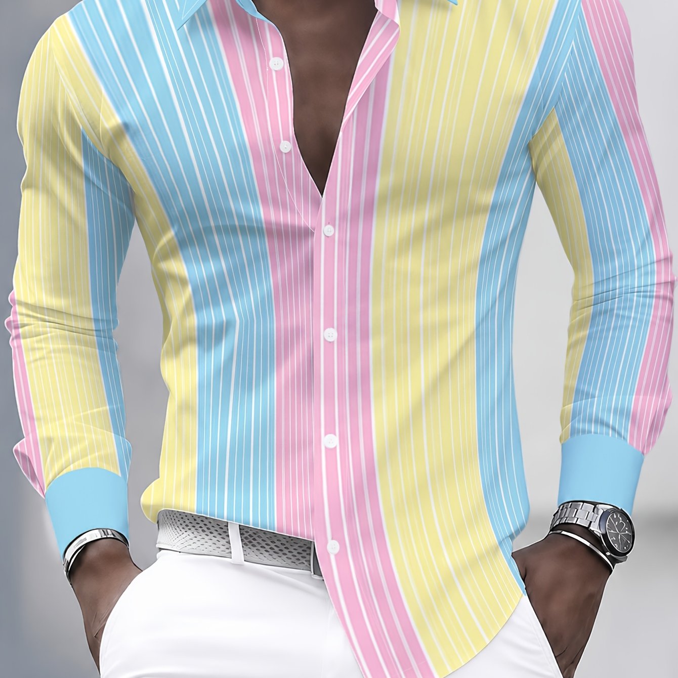 TEMU [printed Design - Not Textured] Men's Casual Long Sleeve Shirt, Men's Color-block Pinstripe Long Sleeve Shirt, Fashionable All-match Beach