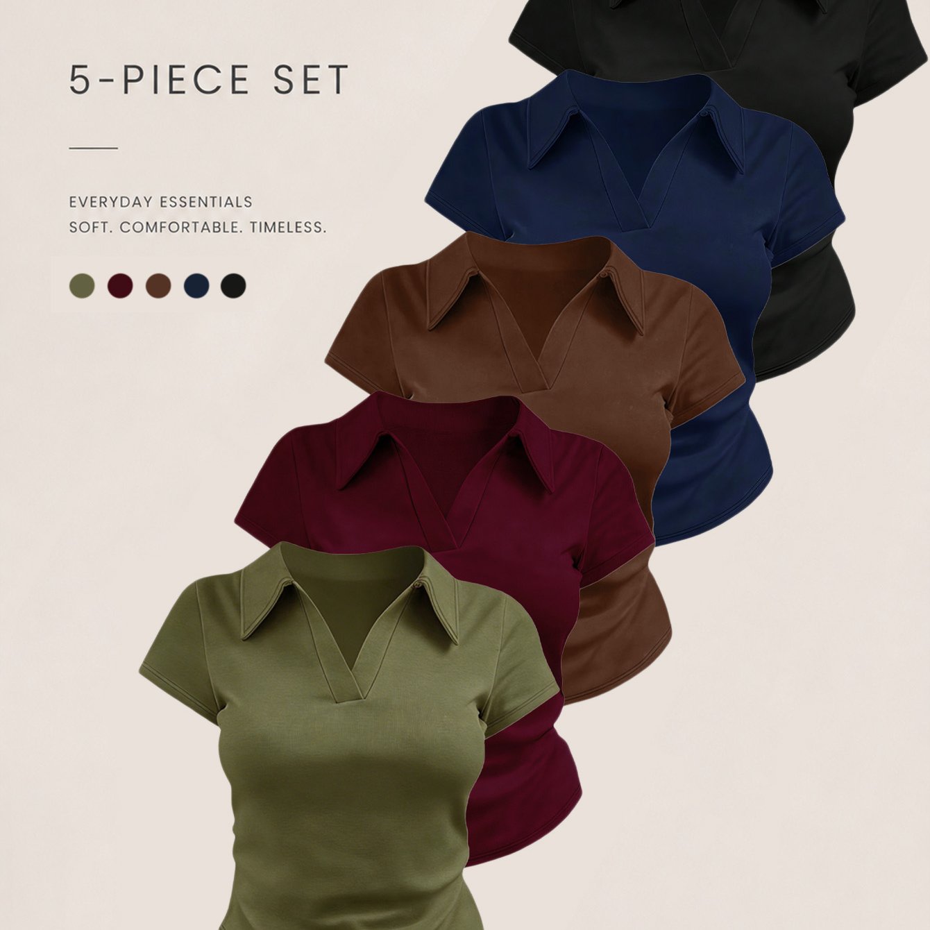 5-pack Women' Color V-neck Crop Tops - Short Sleeve Slim-fit Casual T-shirts Set