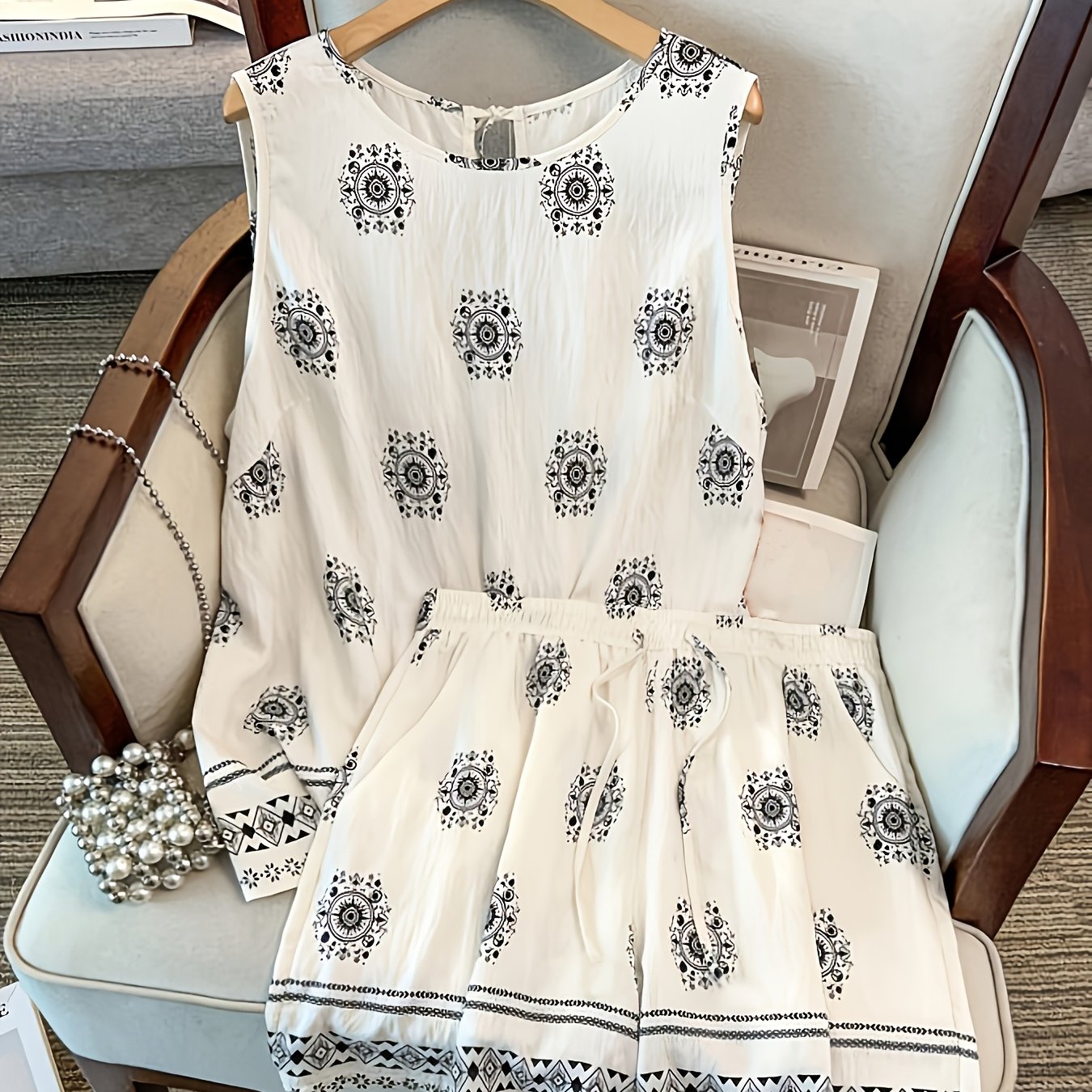 TEMU Plus Size - Plus Size - Elegant Plus-size Women's Casual Two-piece Set With A Bow And , Featuring A Vintage Top And Drawstring Shorts, Perfect
