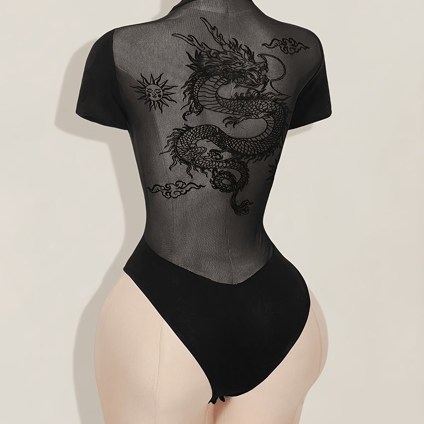 TEMU Women's Black Bodysuit With Short Sleeves And Round Neck, Featuring A Print On A Mesh Panel At The Back. Suitable For Gatherings, Parties, Music