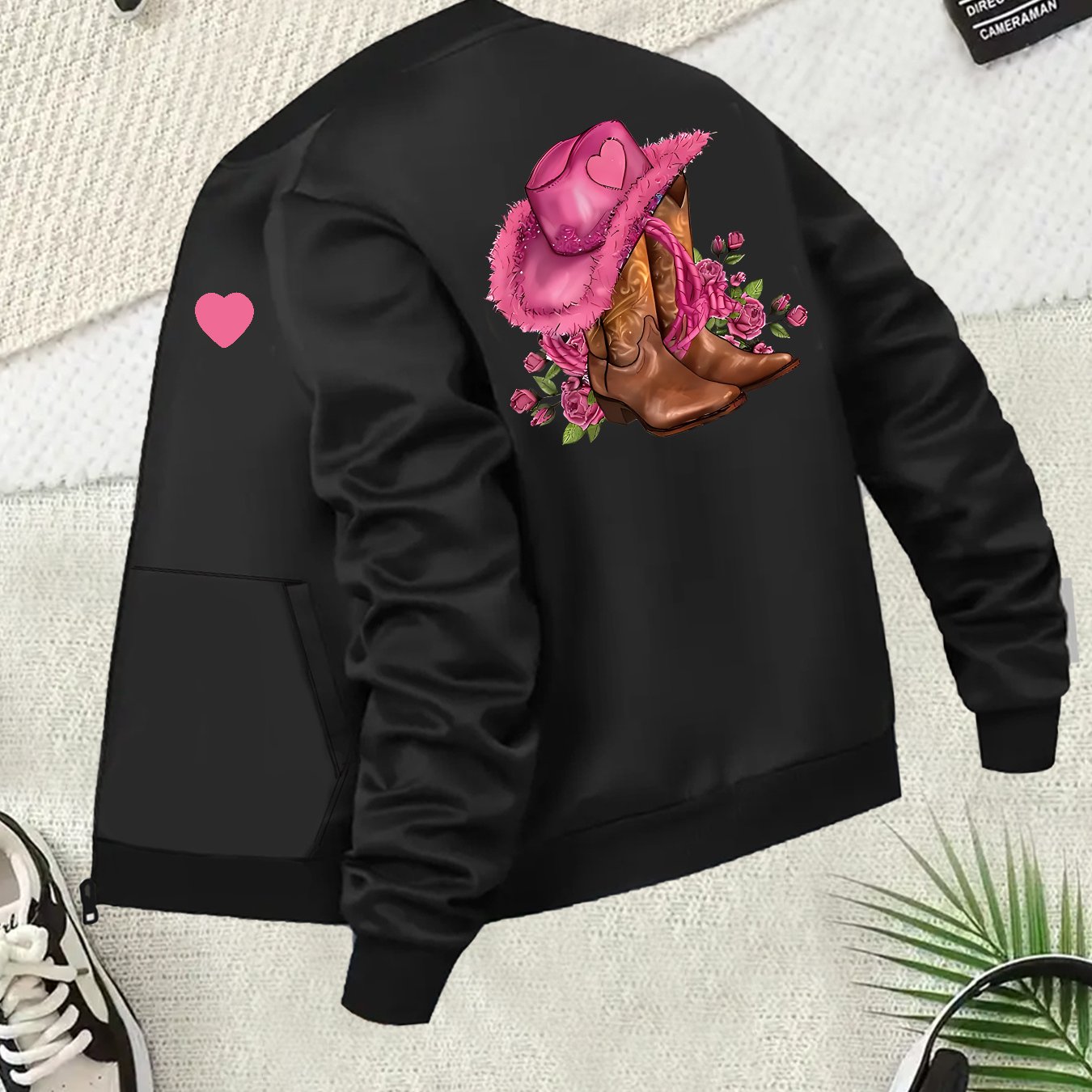 TEMU Women's Plus Size Casual Jacket With Cowboy Hat & Heart Print - Black Long Sleeve Baseball Collar, Zip-up Outerwear With Pockets, Comfortable