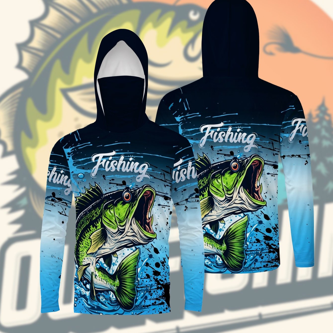 TEMU Men's Outdoor Fishing Balaclava Hoodie Long Sleeve T-shirt Digital Printed Pattern Breathable Quick- Top