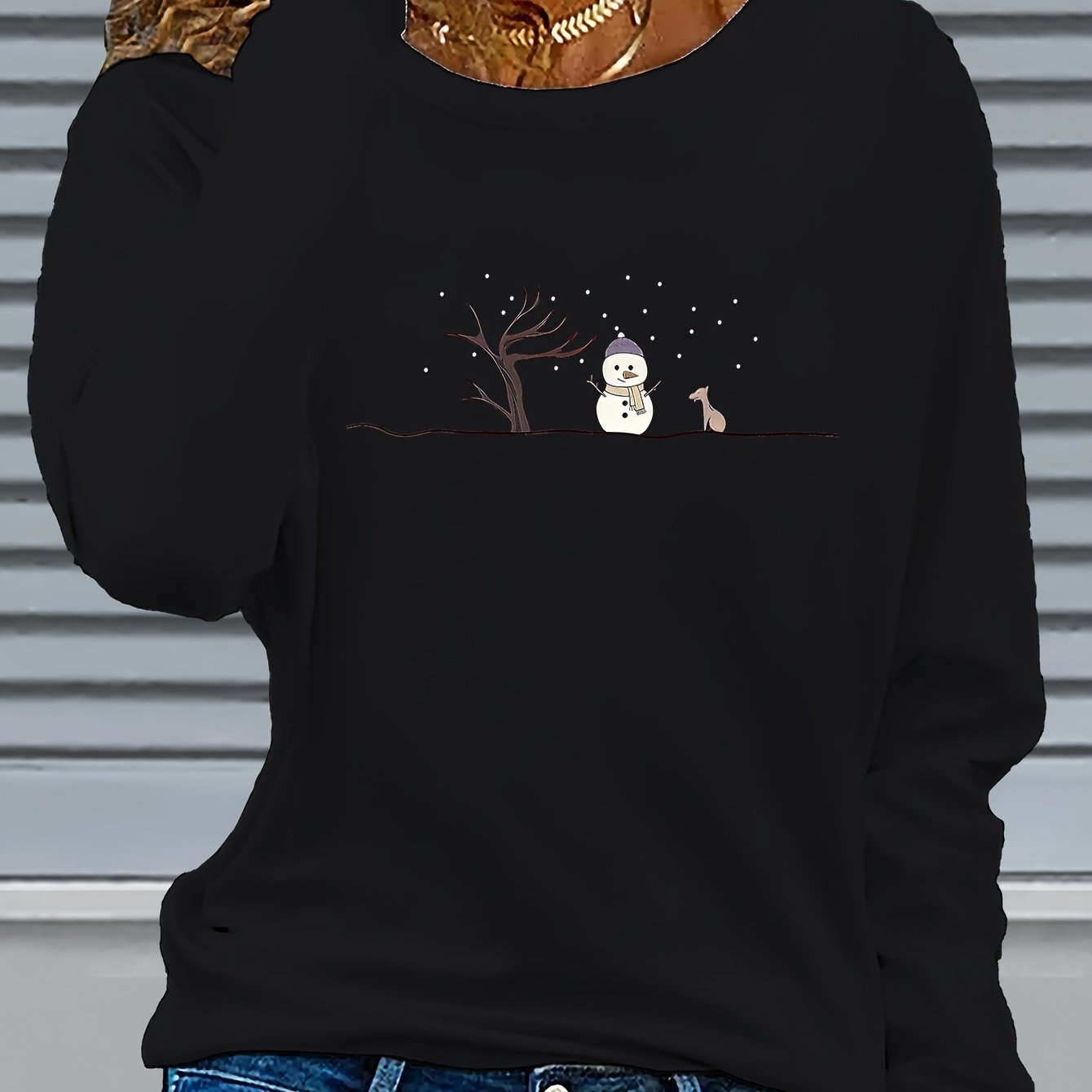 TEMU Women's Christmas Snowman & Owl Graphic Print Long Sleeve T-shirt - Cozy Crew Neck Casual Top For Fall Winter, Machine Washable Holiday Party &