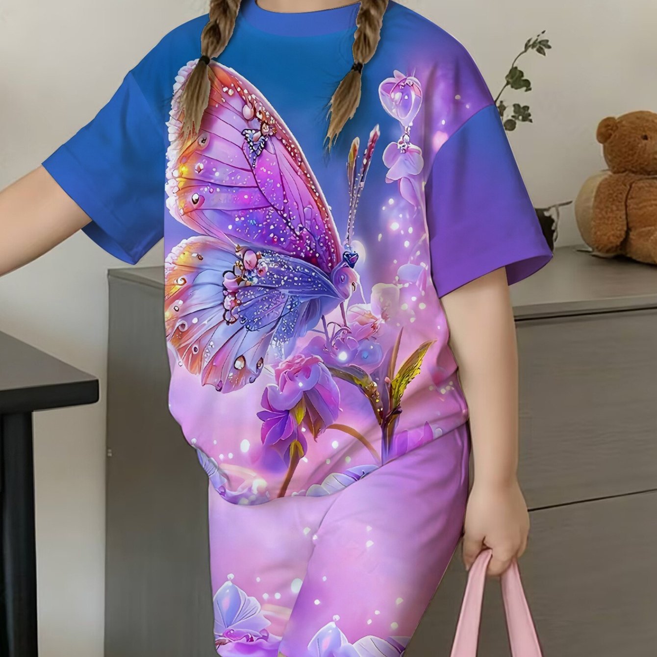 TEMU Girls' T-shirt And Shorts Set, Multicolor Cartoon Design Lightweight Polyester Material, Suitable For Outdoor Play And Casual Wear, Girls'