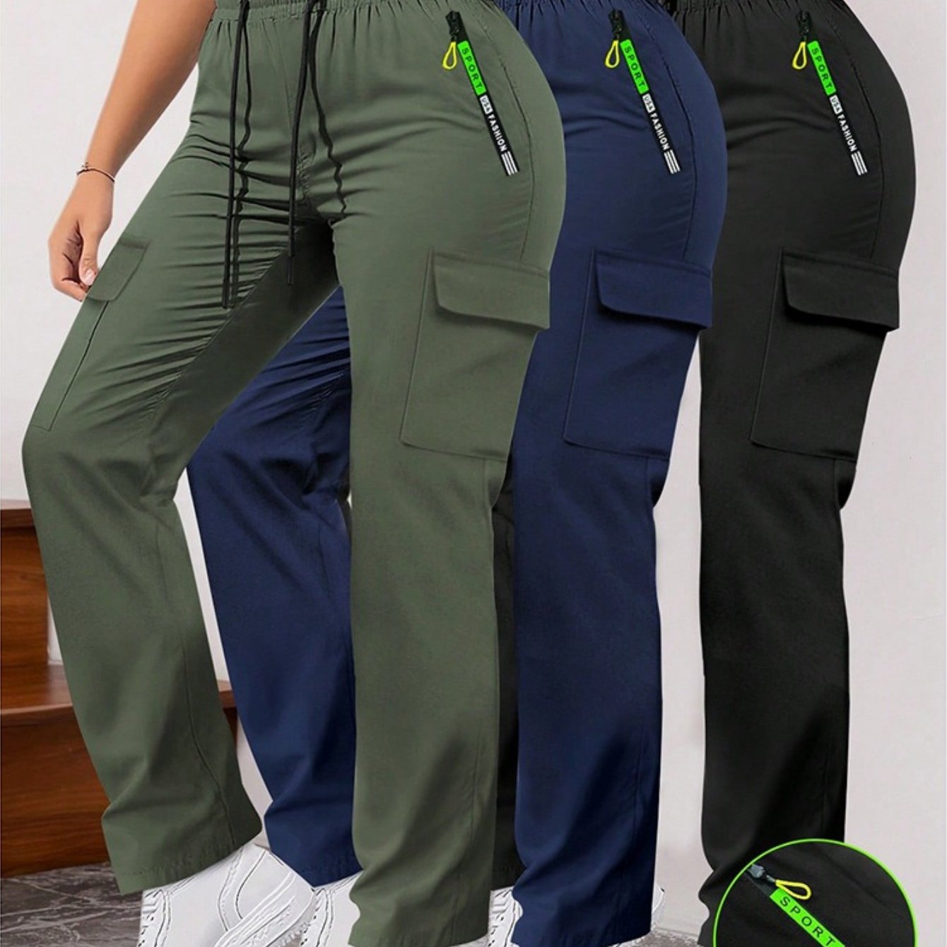 TEMU 3pcs Women's Loose Casual Pants With Large Zip Pocket, Workwear Versatile Long Trousers For And Daily Wear, With Adjustable Drawstring, Style