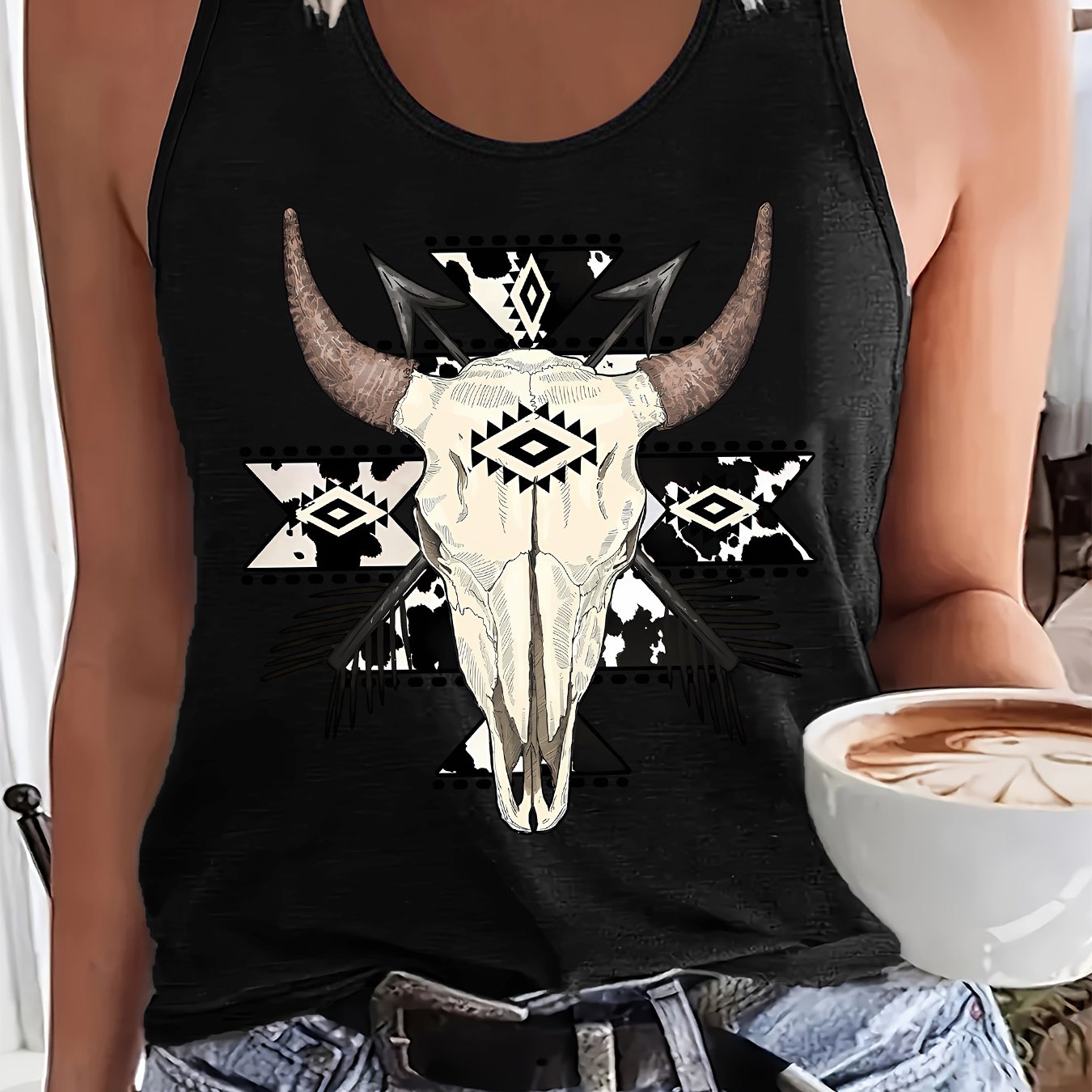 TEMU Haut manches imprimé tête de pour femmes - Chemise cowgirl western avec motif tête de , col rond, blouse décontractée, lavable en machine pour