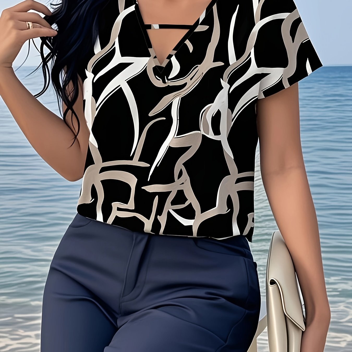 E-shop Sommer-Top für Damen im europäischen amerikanischen Stil, lässiges T-Shirt mit geometrischem Musterdruck, atmungsaktiver Stoff, elegantes