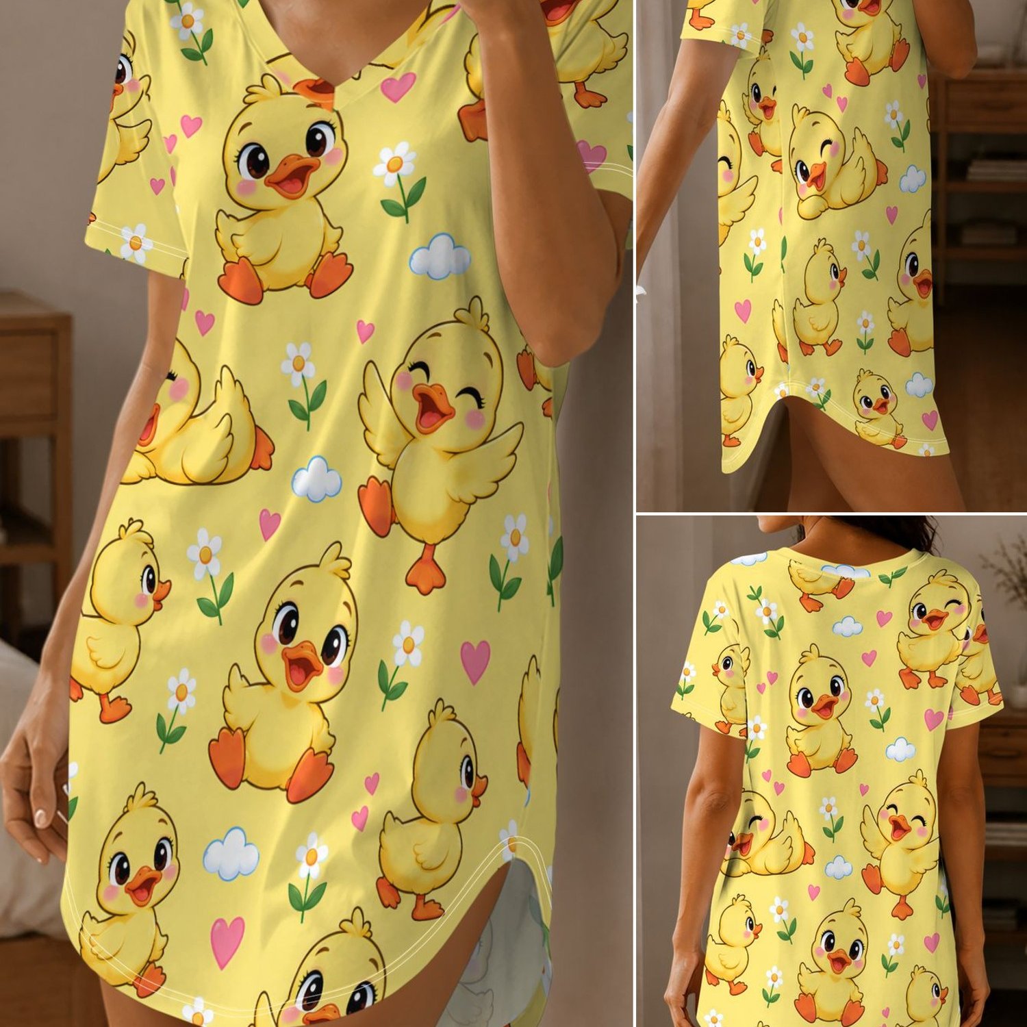 TEMU Pajamas, Women's Nightgown, Short-sleeve V-neck With Cute Duck, Floral, Heart Prints, Loungewear For Indoor Rest And Bedroom Leisure