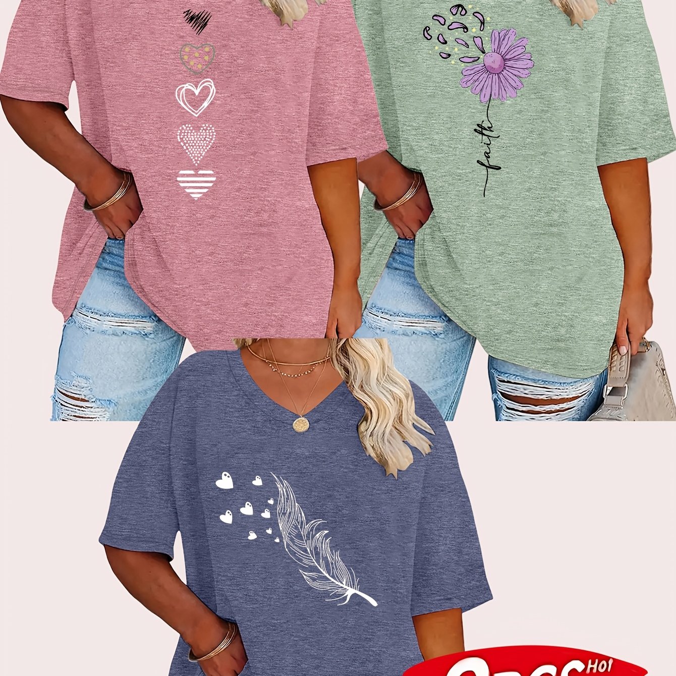 TEMU Plus Size - [versatile T-shirt 3pcs Set] Summer New Plus Size Women's Fashion Hollow Heart, Sunflower, And Falling Printed V-neck T-shirt 3pcs