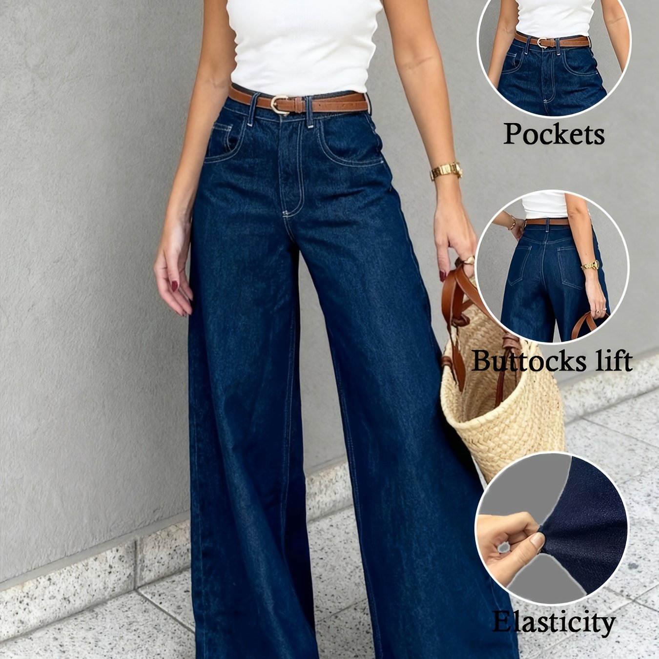 Image of Women's Stretch Dark Blue/denim Jeans, High-waist Wide-leg Jeans, Elegant Temperament Essential, Suitable For Outdoor Leisure, Summer , Travel Casual, Workplace Wear
