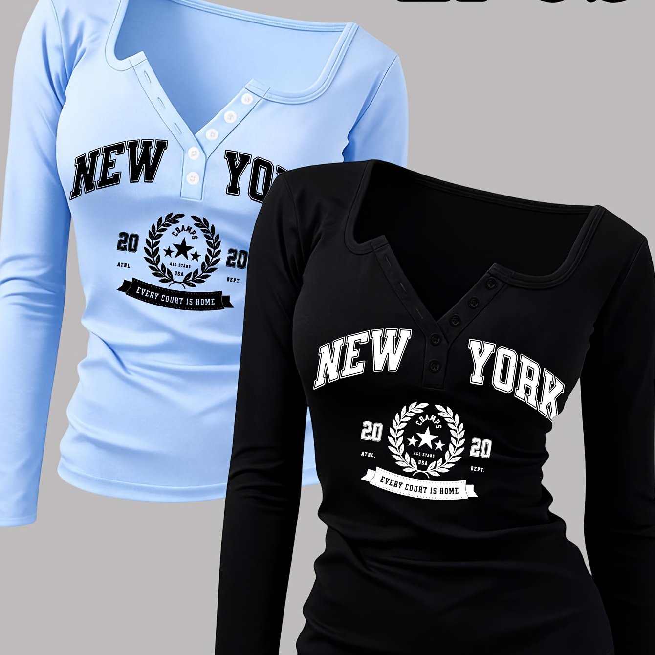 TEMU 2pcs Printed Pattern Women's Clothing Button-style Hot Sexy Round Neck Design Women's Long Sleeve T-shirt, Suitable For Spring Summer Autumn