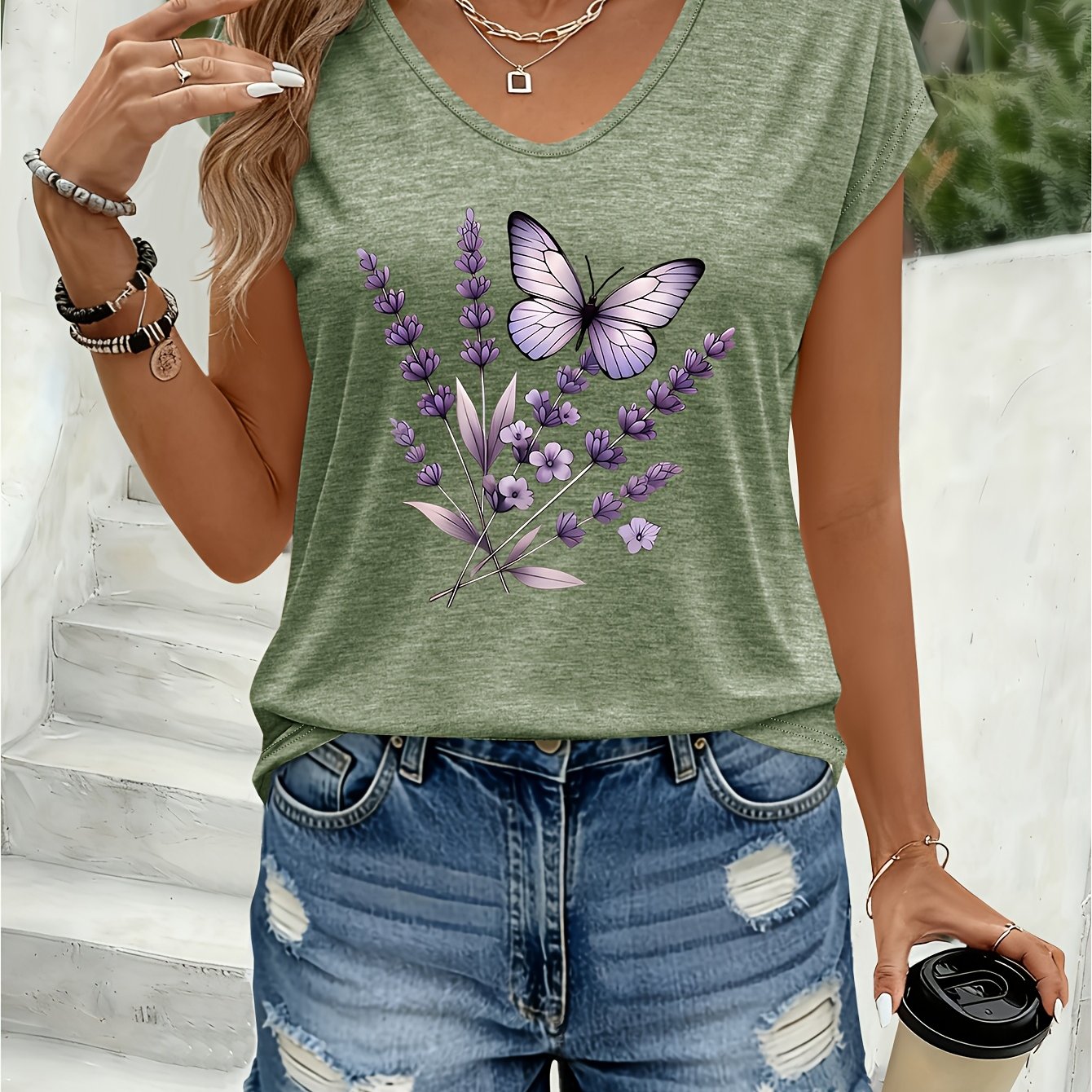 TEMU 1pc Printed Pattern Women's Colorful V-neck Cardigan T-shirt - Comfortable Spring And Summer Top, Machine Washable Regular Fit Shirt, Suitable