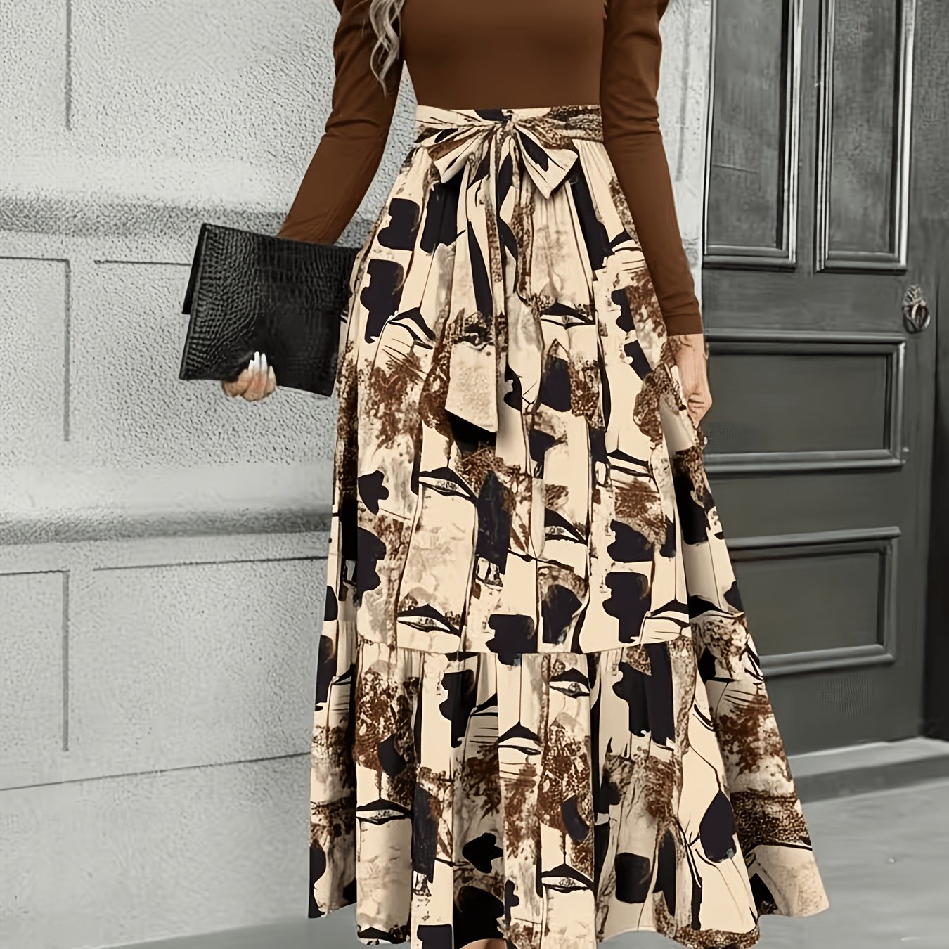 TEMU Elegant Casual Western Round Neck Puff Sleeve Dress With Belt, Spring/autumn
