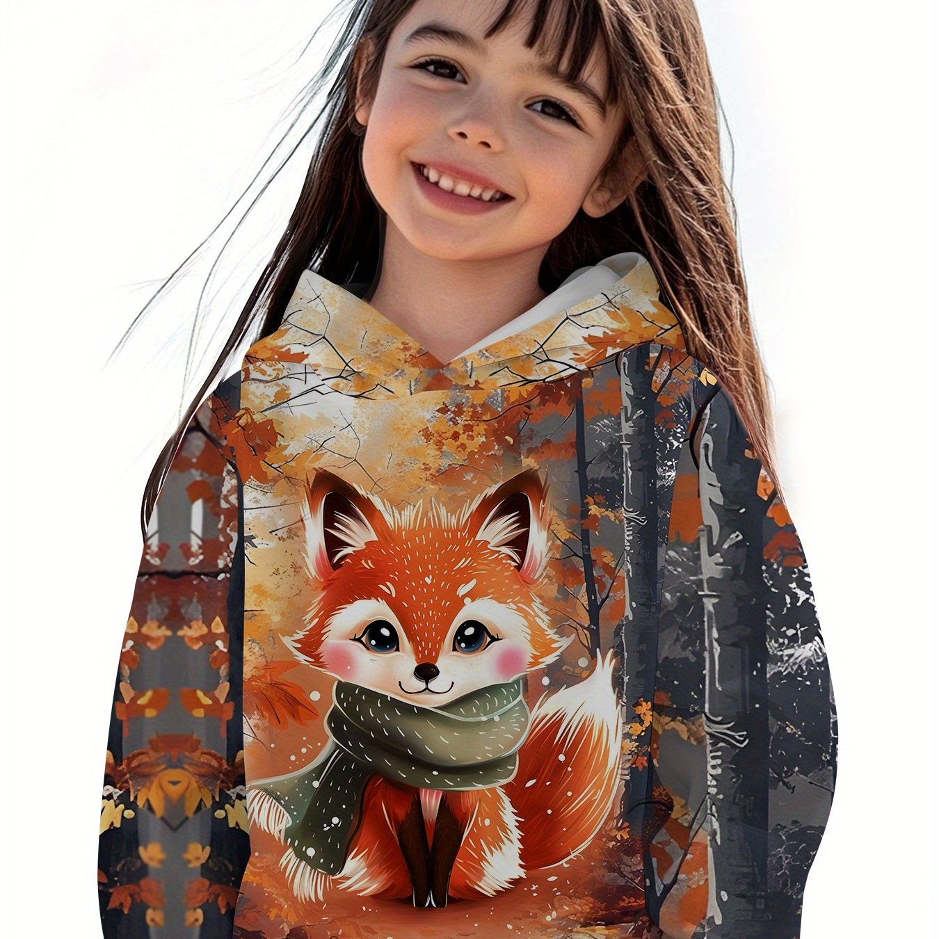 Image of Autumn Cute Fox Forest Print 3d Printed Pattern Hooded Sweatshirt, A Trendy And Casual Clothing, Suitable For Girls To , And A Perfect Gift For Girls