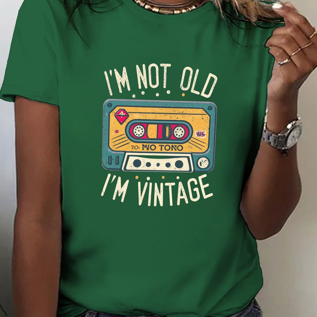 TEMU Casual Short-sleeve Crew Neck T-shirt Featuring A Vintage Cassette Design, Perfect For Spring And Summer, Designed For Women