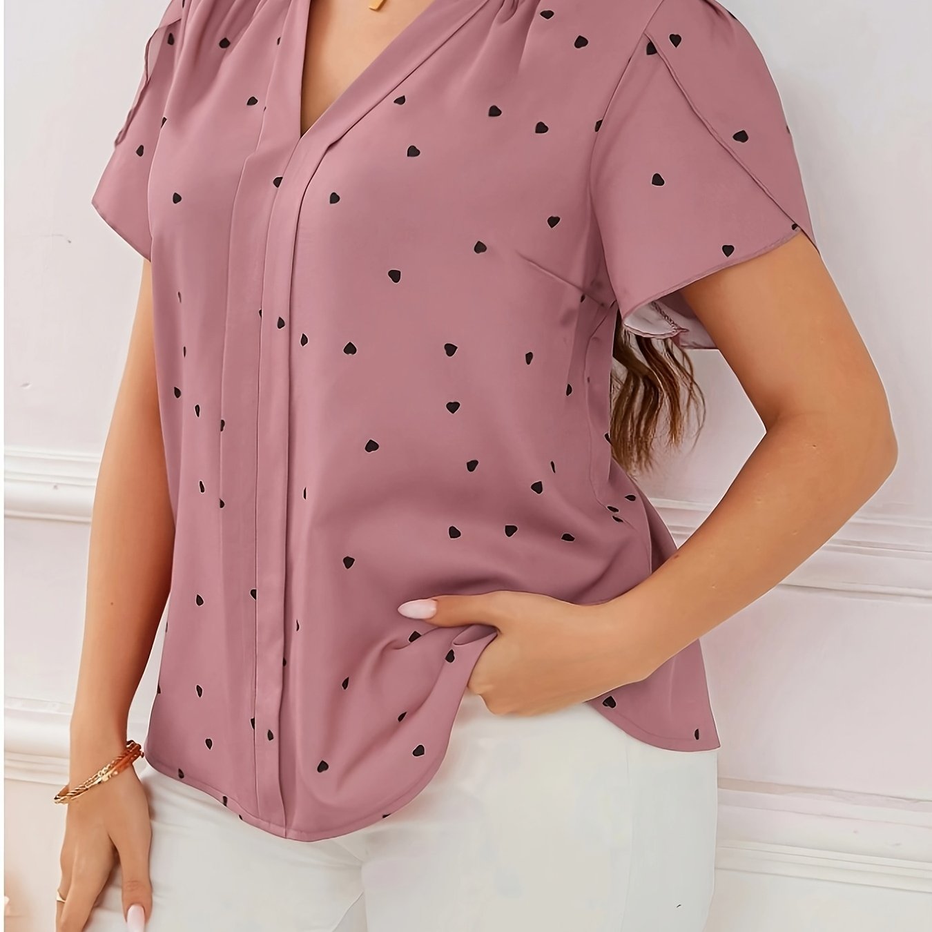 TEMU Grande Taille - Grande Taille - Grande Taille Mode Femme Décontractée Unique Haut, Imprimé Cœur Col en V Manches Volantées, Convient pour les et
