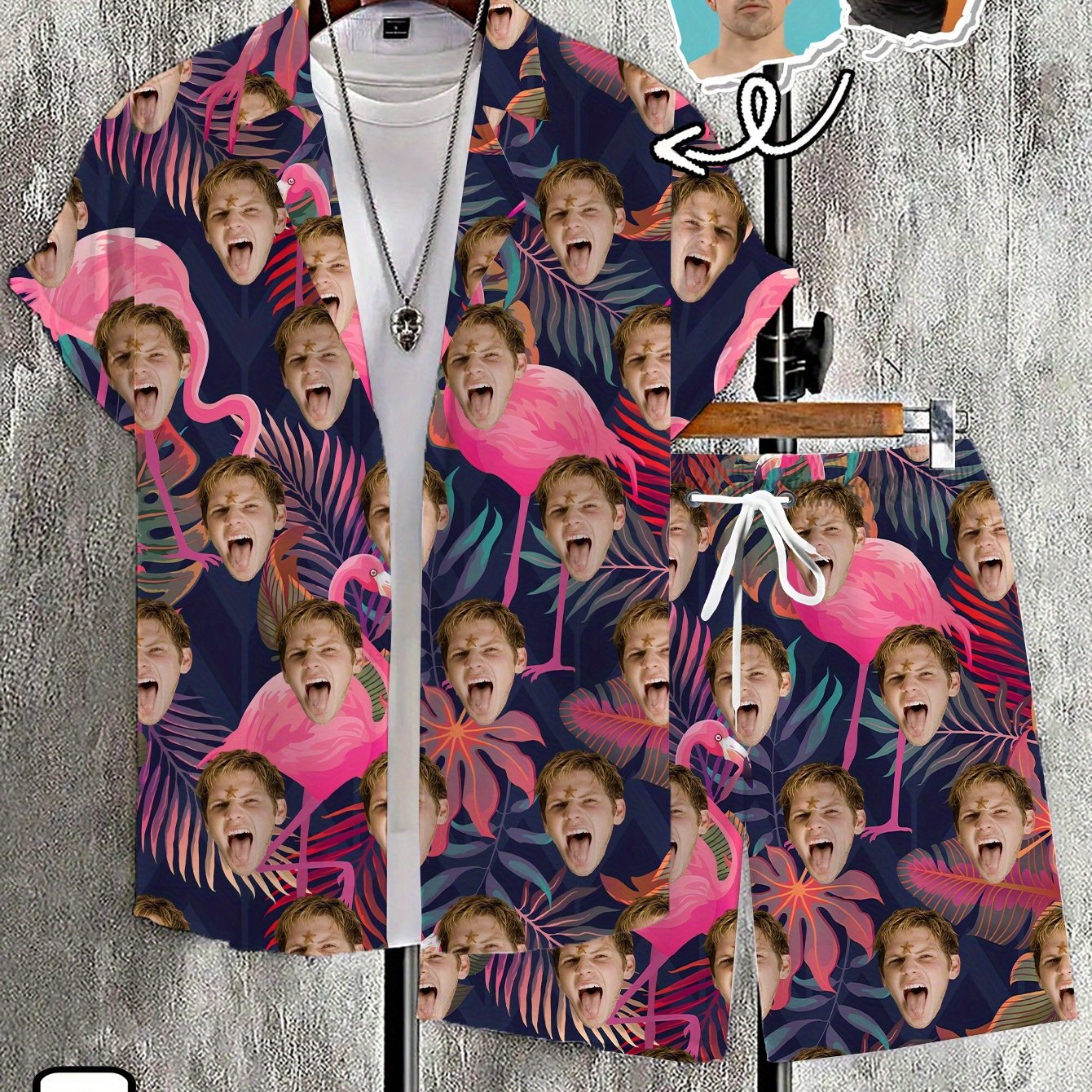 TEMU Conjunto de Camiseta y Shorts Personalizable 3D Impreso - Diseño con Rostro, Tejido de Poliéster, Ropa Casual para Adultos, Lavable a Máquina,