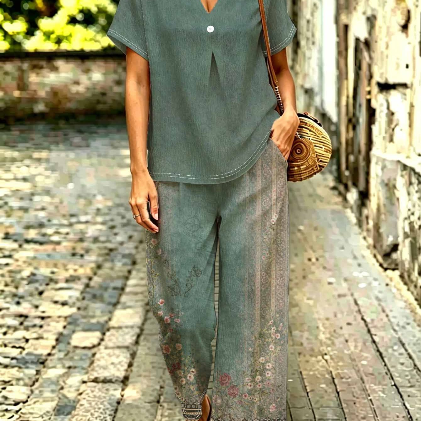 TEMU Plus Size, Plus Size Vintage Floral 2pcs Set, Solid Sage V-neck Top, Wide Leg Cropped Pants With Side Gradient Flower Print, Breathable Fabric,