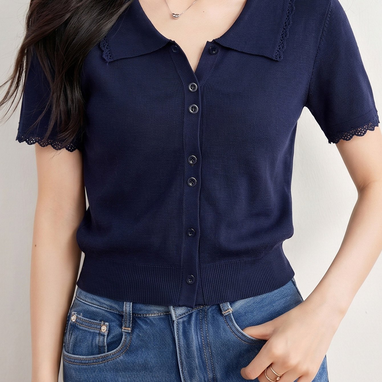 TEMU 빈티지 성숙한 캐주얼 스타일 폴로 카라 반팔 가디건 여성용, 새로운 여름 컬렉션, 독특하고 아름답고 나이 감추는 상의