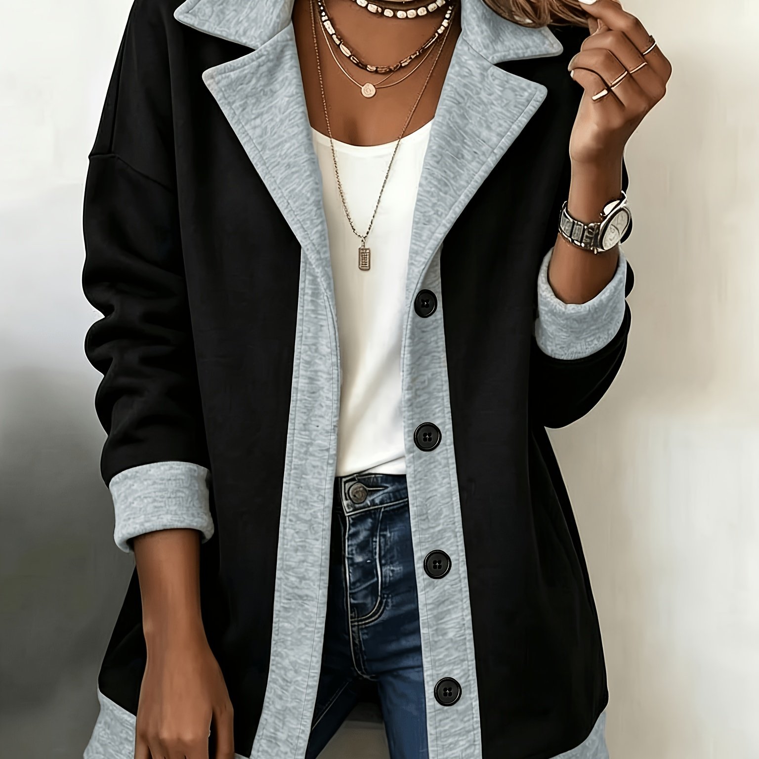 TEMU Giacca cardigan patchwork da donna a maniche lunghe, stile casual, vestibilit� , con e blocchi di