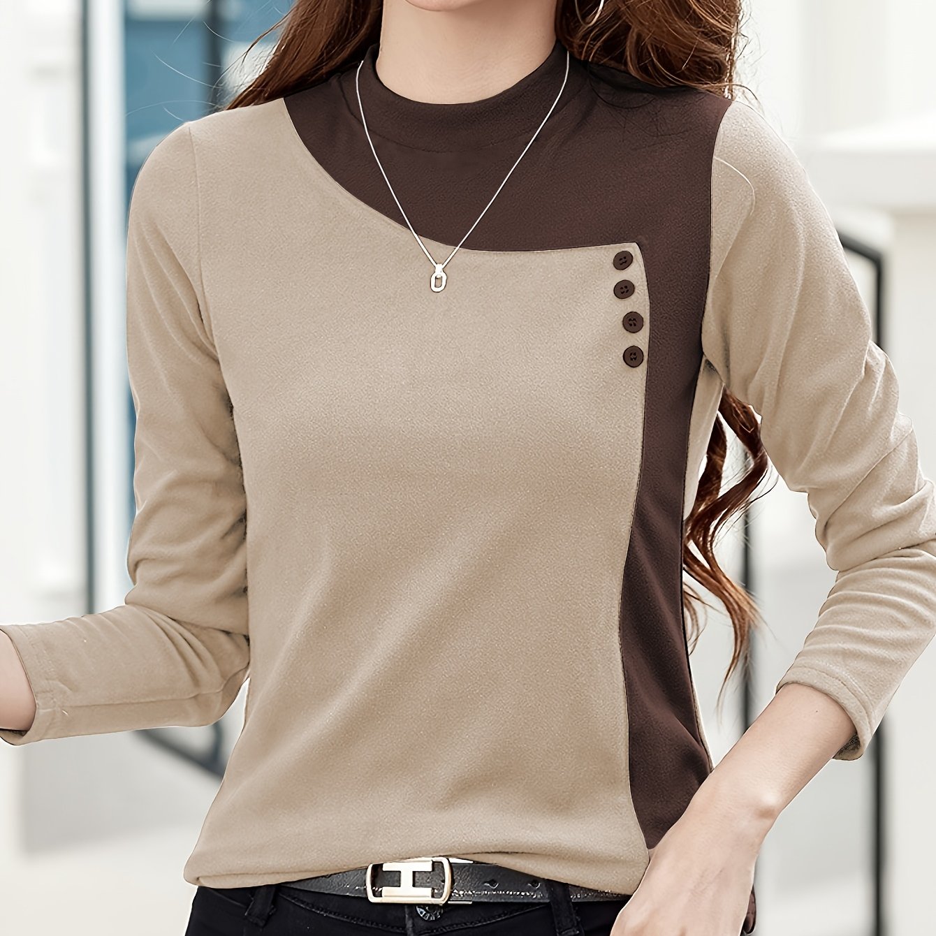 E-shop Damens Casual Langarm-Top mit Stehkragen & Knopfdetail - Hochelastisches Einfarbiges Hemd, Maschinenwaschbarer Ganzjahreskomfort, Elegante