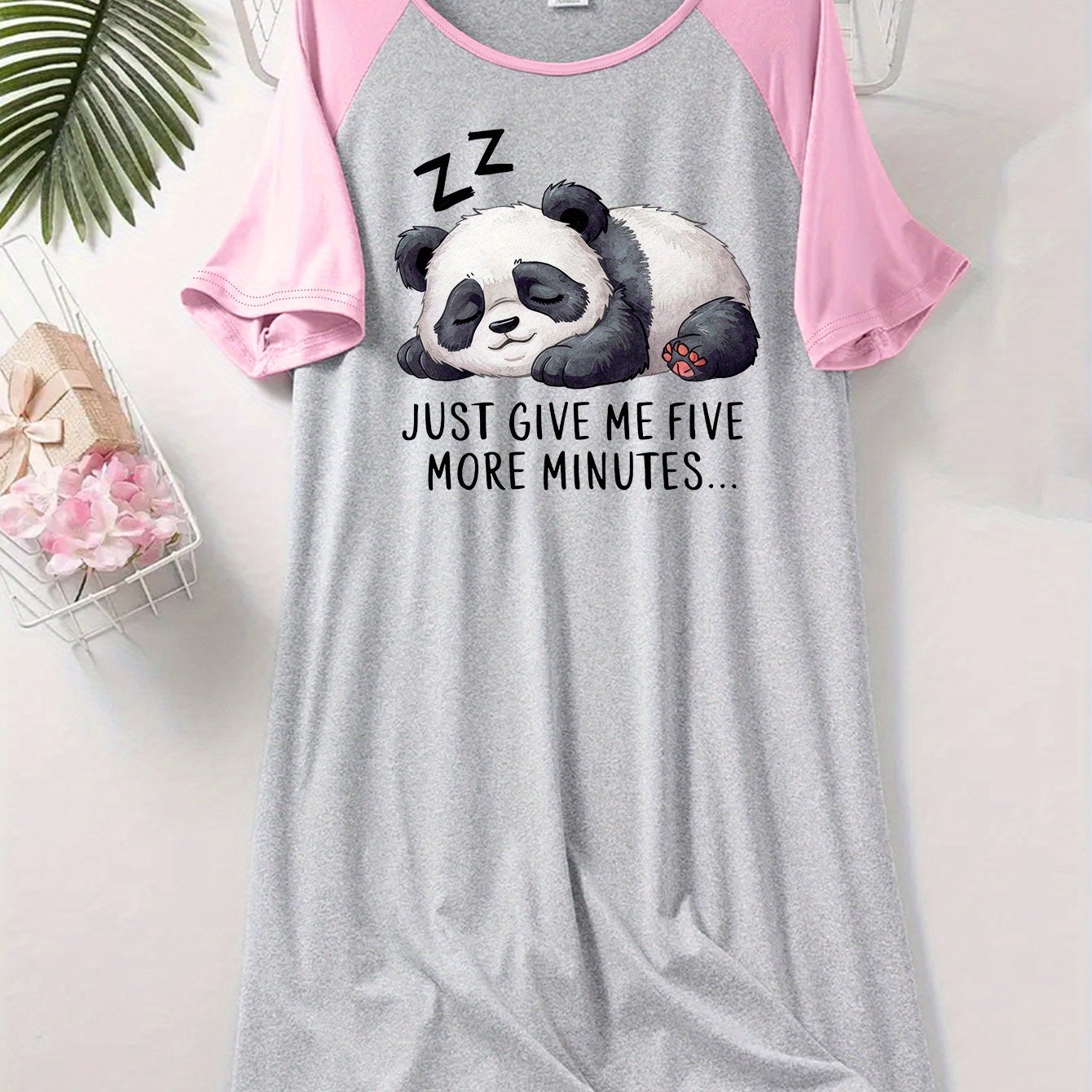 TEMU Chemise de nuit à manches raglan avec imprimé panda, col rond, manches courtes, vêtements décontractés pour femmes E21