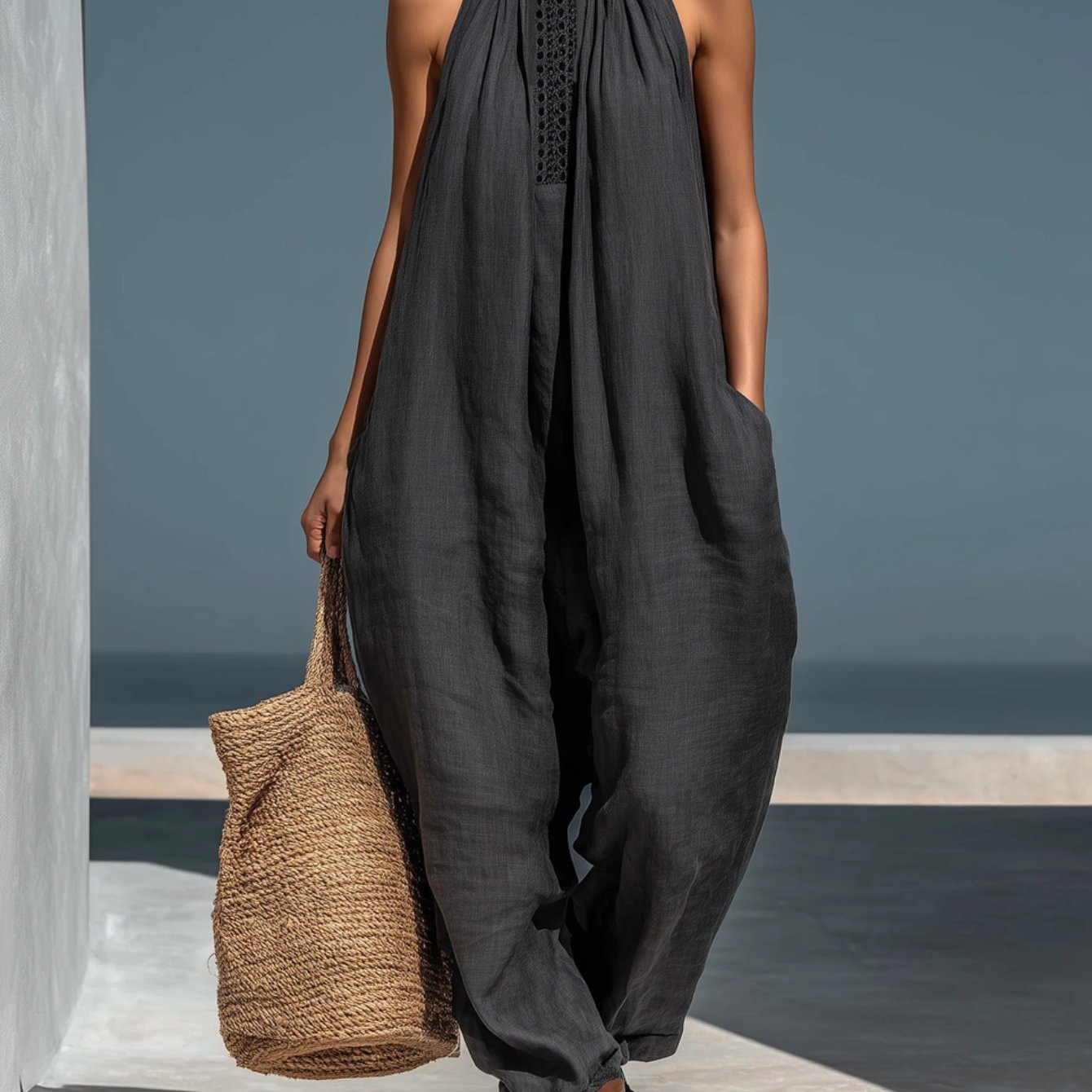 Halter High Neck Hollow Textured Decor Sleeveless Side Pocket Loose Long Jumpsuit Women's Spring Outfit | Minimal Lazy Relaxed Market Casual Trips
