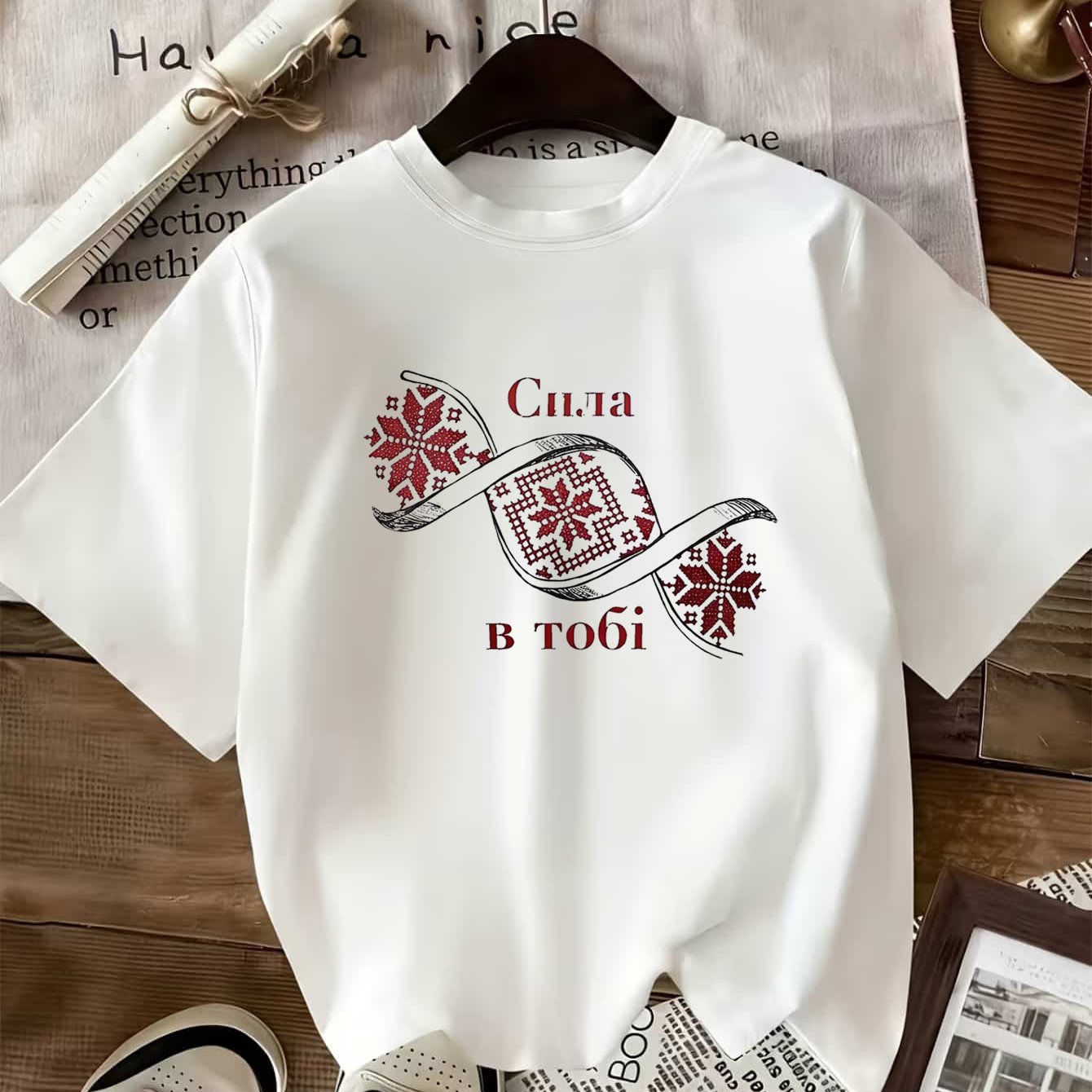 TEMU Women's Round Neck T-shirt Casual Ethnic Style Summer Breathable Comfortable Ukrainian Style Red And White Cross- Floral Pattern Printed Short