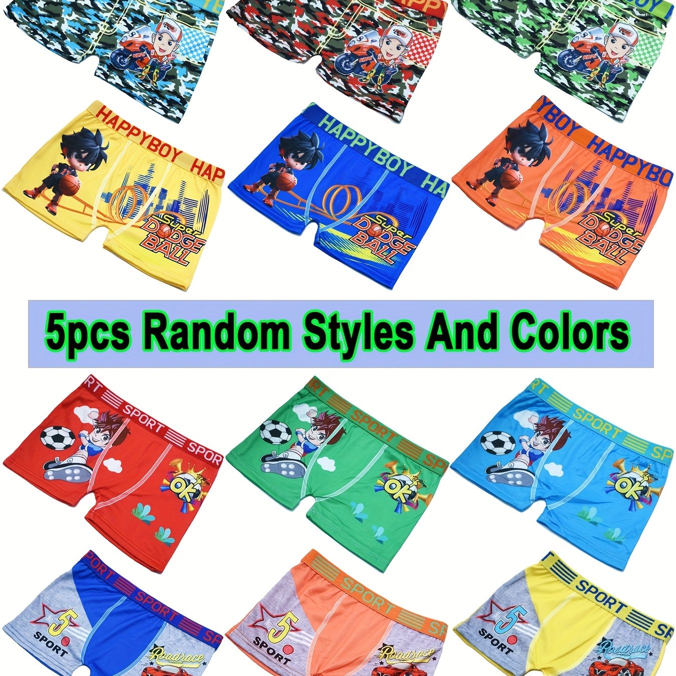Image of 5pcs Jiabijaibi Children Underwear, Soccer Basketball Shorts, Comfortable Stretch Wide Waist Boxer Briefs For Young Boys, Cartoon Car Shorts, Underwear, -12, Random