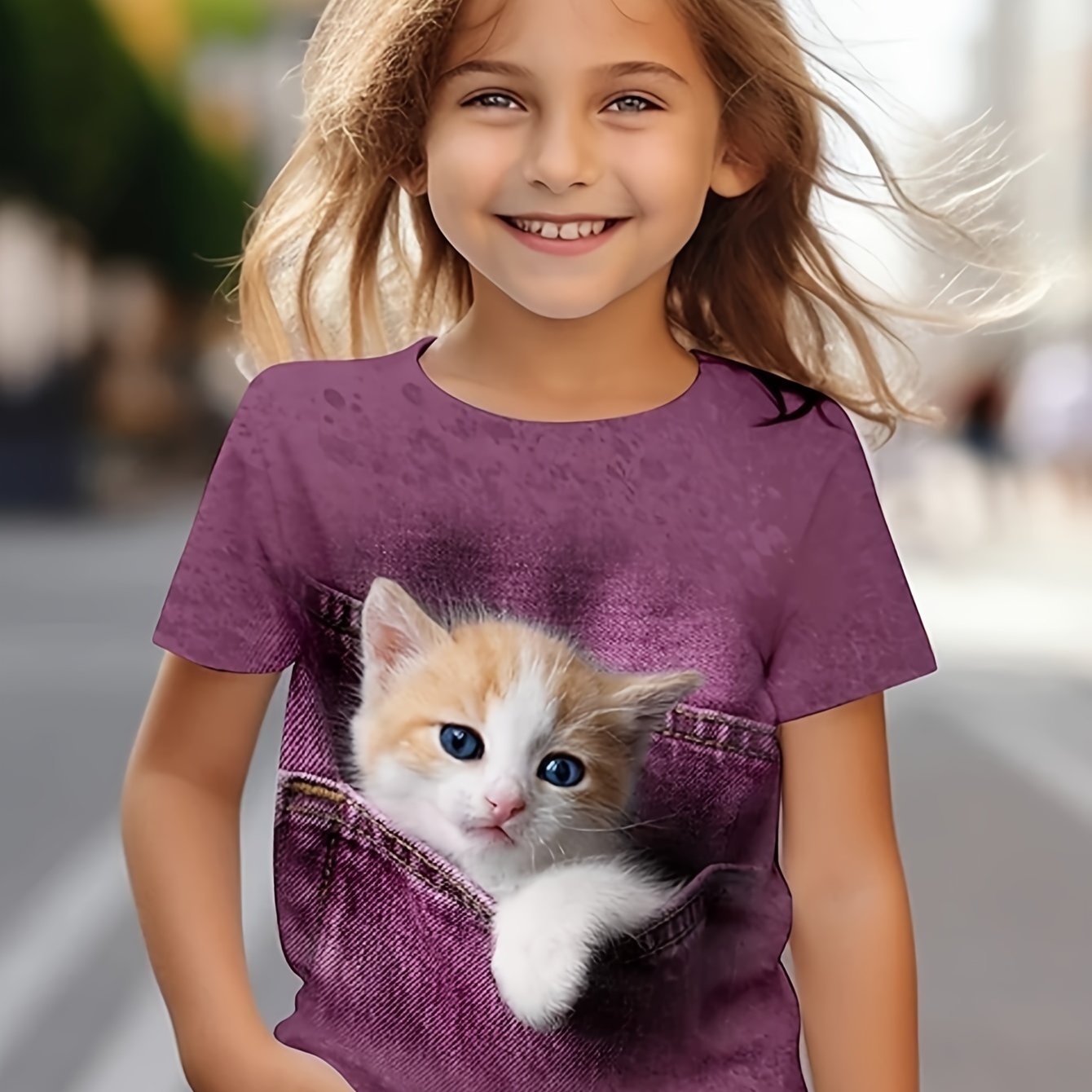 Girls' Cat Print Fashion Short-sleeve T-shirt