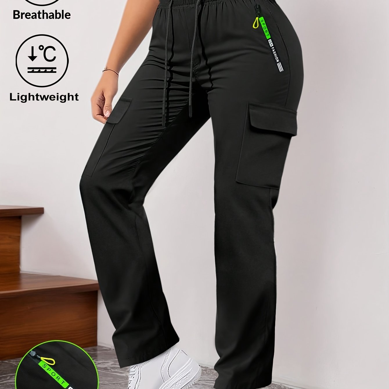 E-shop Damen Frühling/Herbst Cargo-Hose mit Buchstaben-Print, grüner Reißverschlusstasche, modischem großem Aufnäher--Design, Kordelzug elastischem