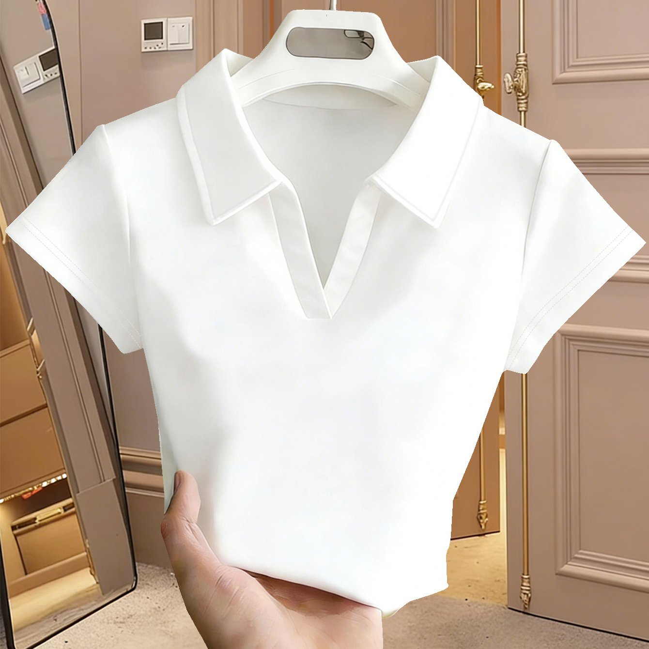 TEMU 여성용 순백색 플레인 칼라 브이넥 반팔 티셔츠, 심플한 출퇴근 스타일, 여름 캐주얼 활용도 높은 슬림핏 체형 보정 상의