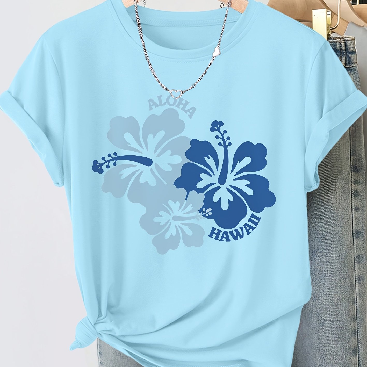 TEMU Women's Summer Clothing Hibiscus Aloha Print Round Neck Short Sleeve Casual T-shirt Plus Size Fashion Women's T-shirt Commuting Vacation Daily