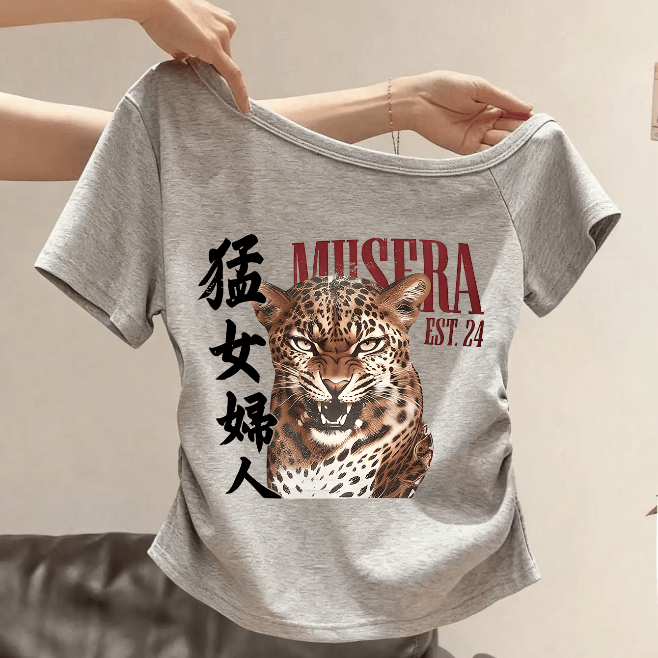TEMU Women's Off-shoulder Short Sleeve T-shirt, Retro Leopard Print And Chinese "mÃ¨ng NÇ FÃ¹rÃ©n" Letter Print Slim Side Ruched Top, Y2k Spicy Stree