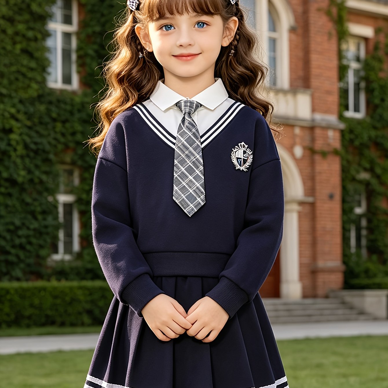 Image of Teen Girl's Two-piece Set: Short Loose-fit Long-sleeve Sweatshirt Jacket + Striped Pleated Skirt With Tie