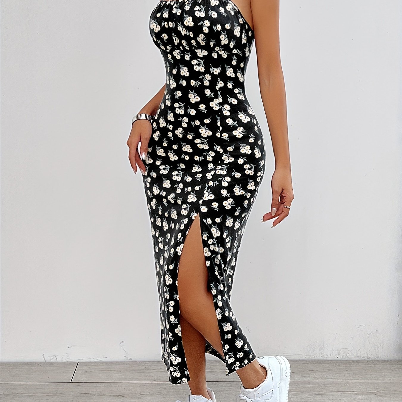 Western Temperament Elegant Floral Print Thigh-slit Cami Dress