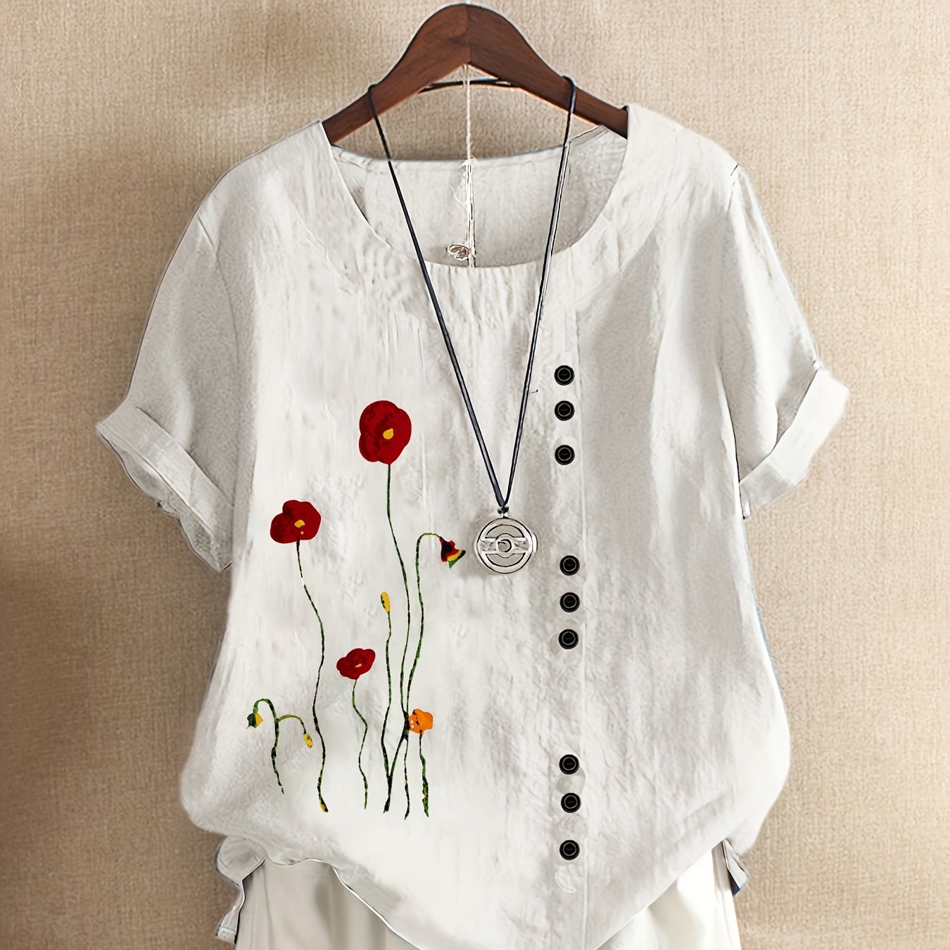 Plus Size, Plus Size Shirt New Arrival Casual Loose Floral Print Short Sleeve Pullover Women&;s Shirt No Accessories Included