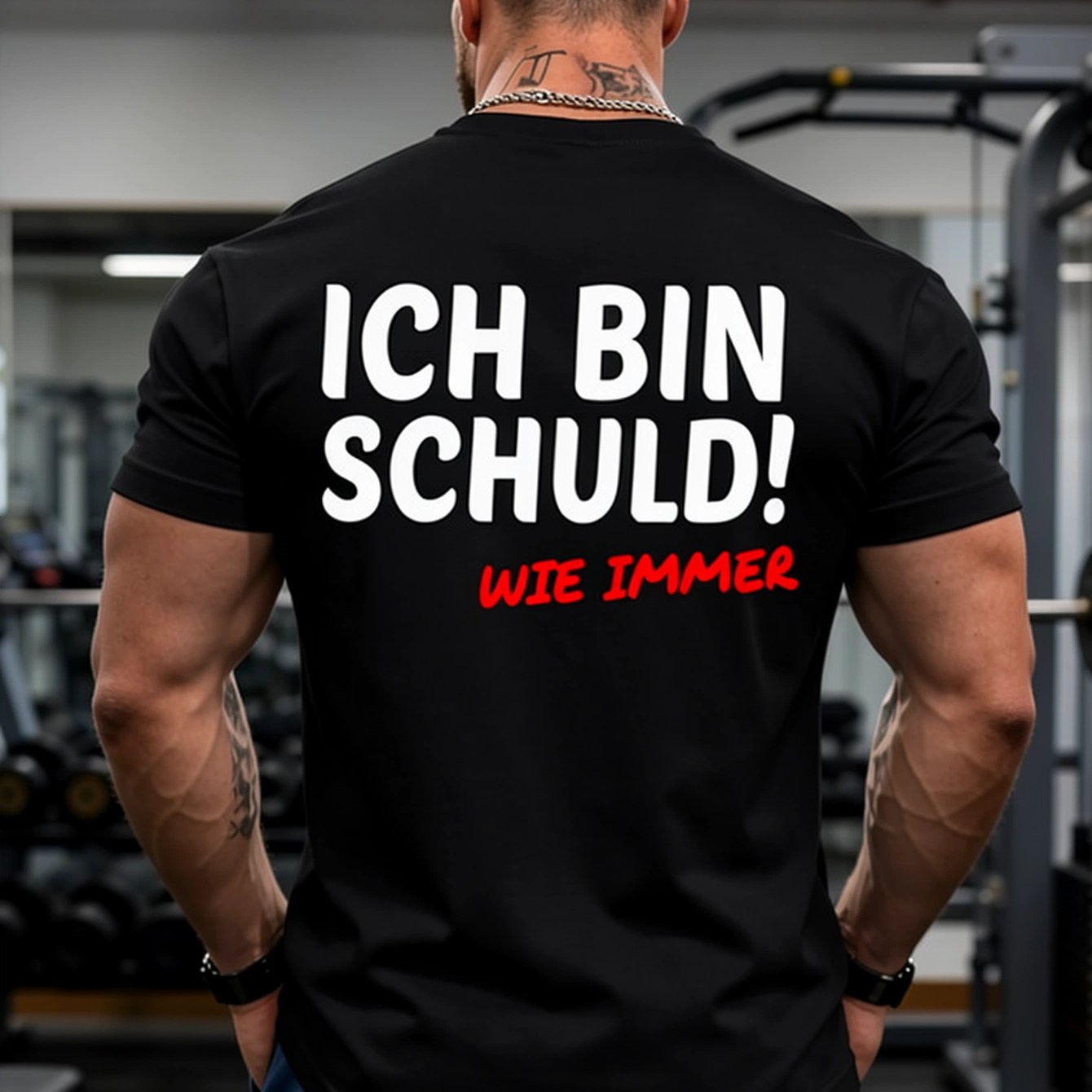 Image of 1pc, Men's Crew Neck Casual T-shirt, 200g Pure Cotton, Black And White, Ich Bin Schuld Quote Print Tee, Daily Wear, Travel And