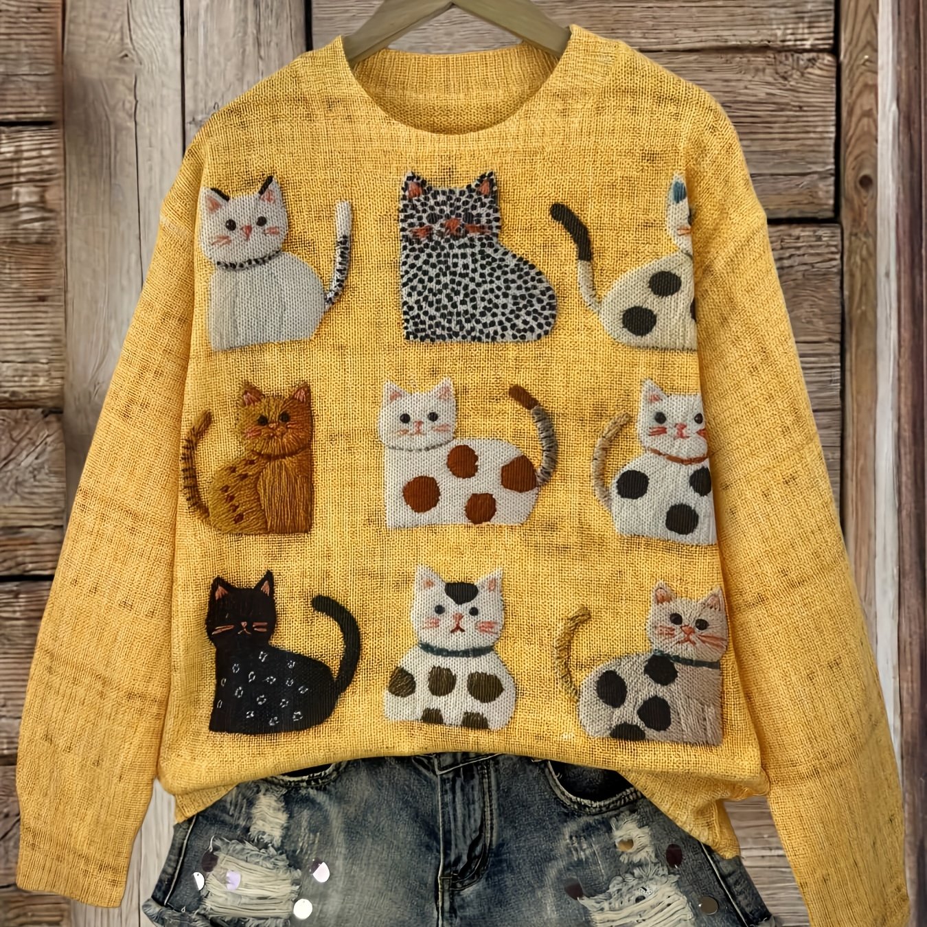 TEMU 2d Flat Pattern Fall New Girly Versatile Pullover Round Neck Long Sleeve Women's Top Flat Trendy Women's Wear Women's Sweater
