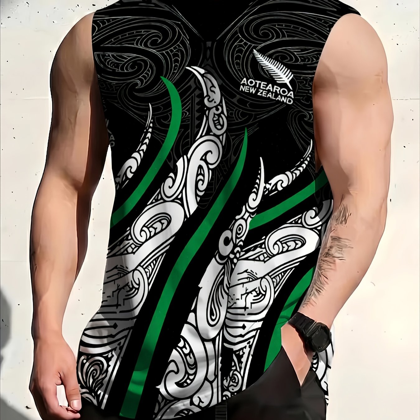 TEMU (printed Design - Not Textured) Men's Black Crew Neck Tank Top With New Zealand Maori Totem Print And "" Lettering, Sleeveless For Sports,