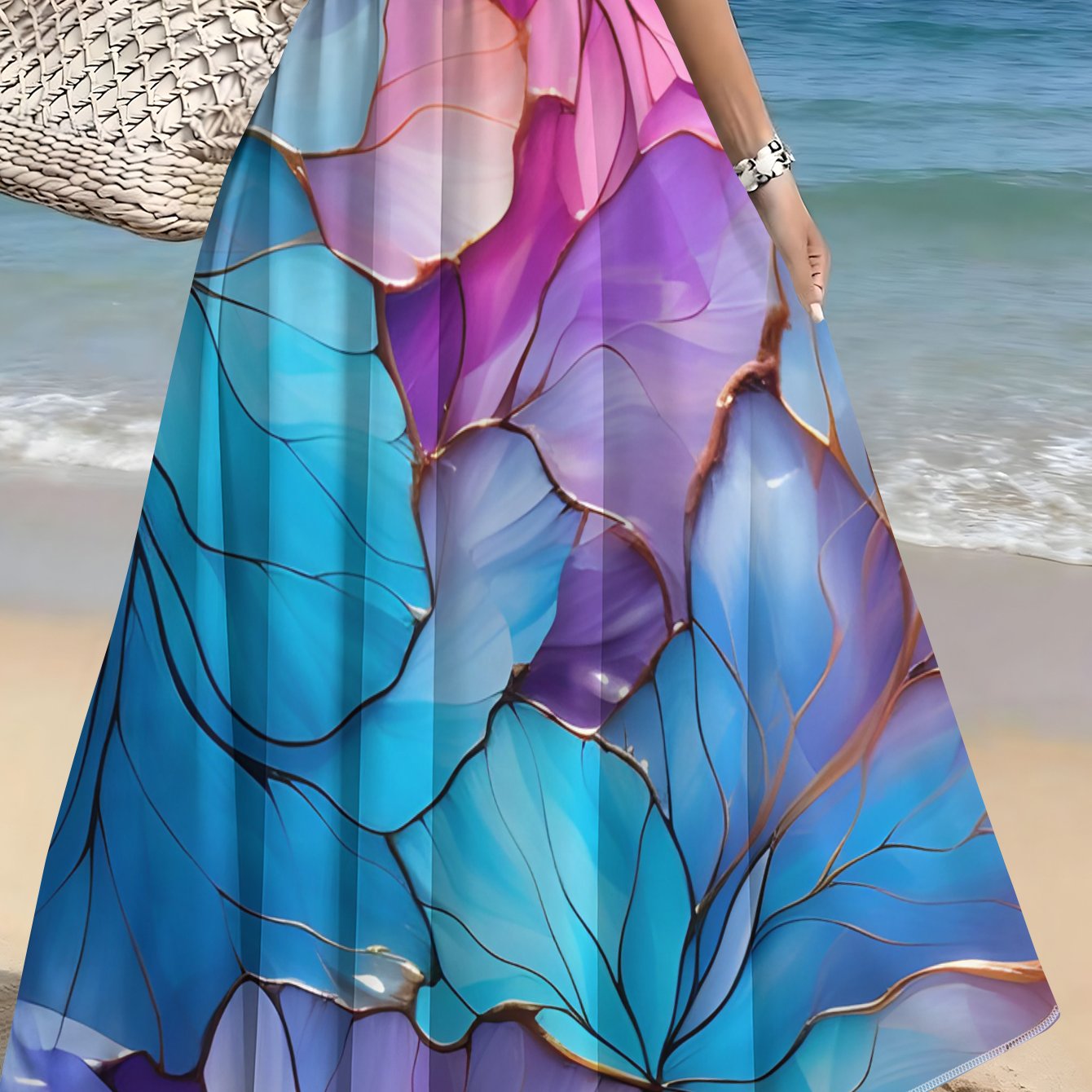 TEMU Printed Design - Not Textured/2d Printing" Colorful Leaf Print High-waist Flared Women's Skirt, Summer Casual